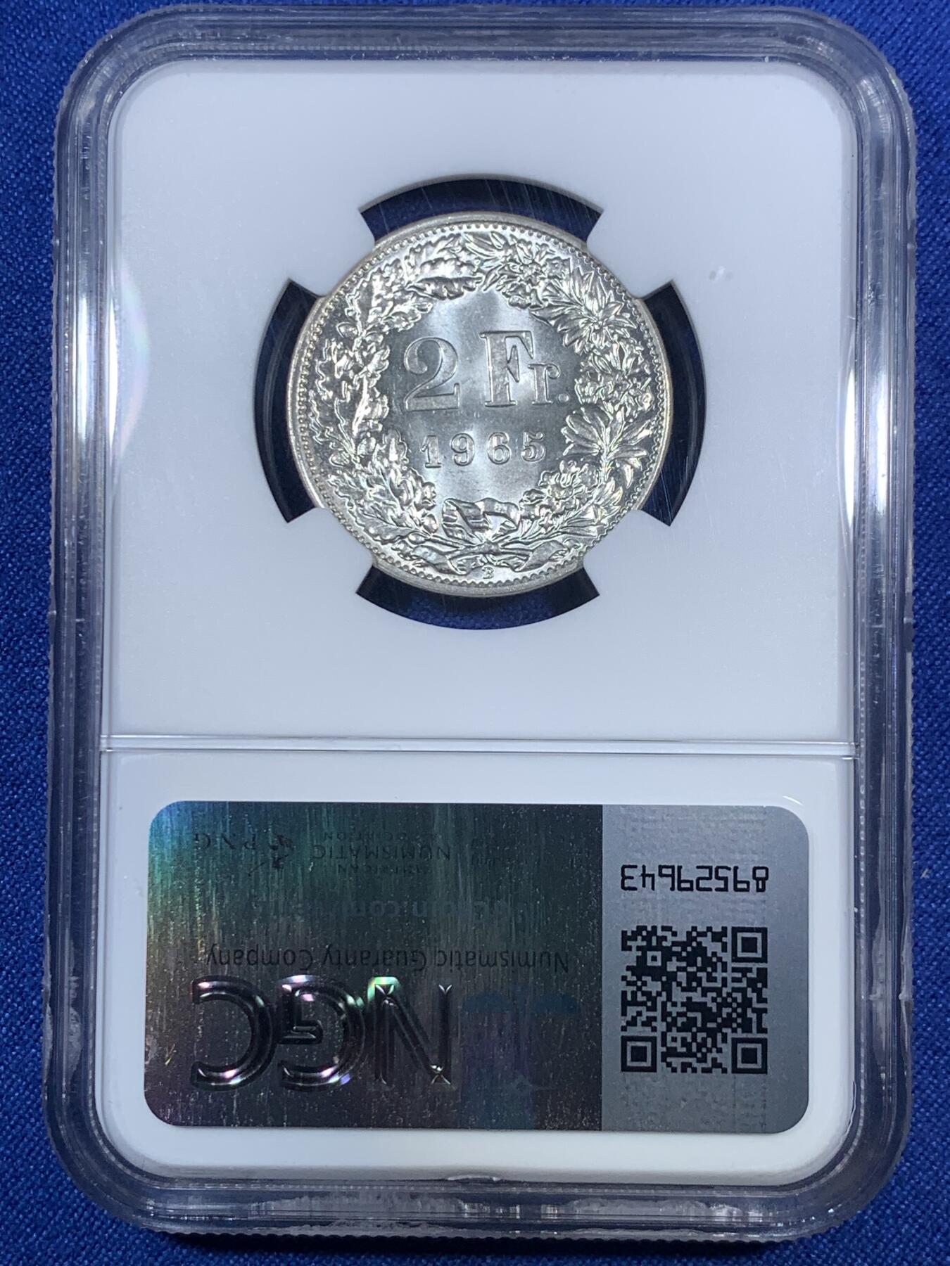 《竞宝斋》第280场- 周日，周一 ，周二3场连拍 （全场包邮） NGC MS64 瑞士1965年赫尔维蒂女神2法郎银币