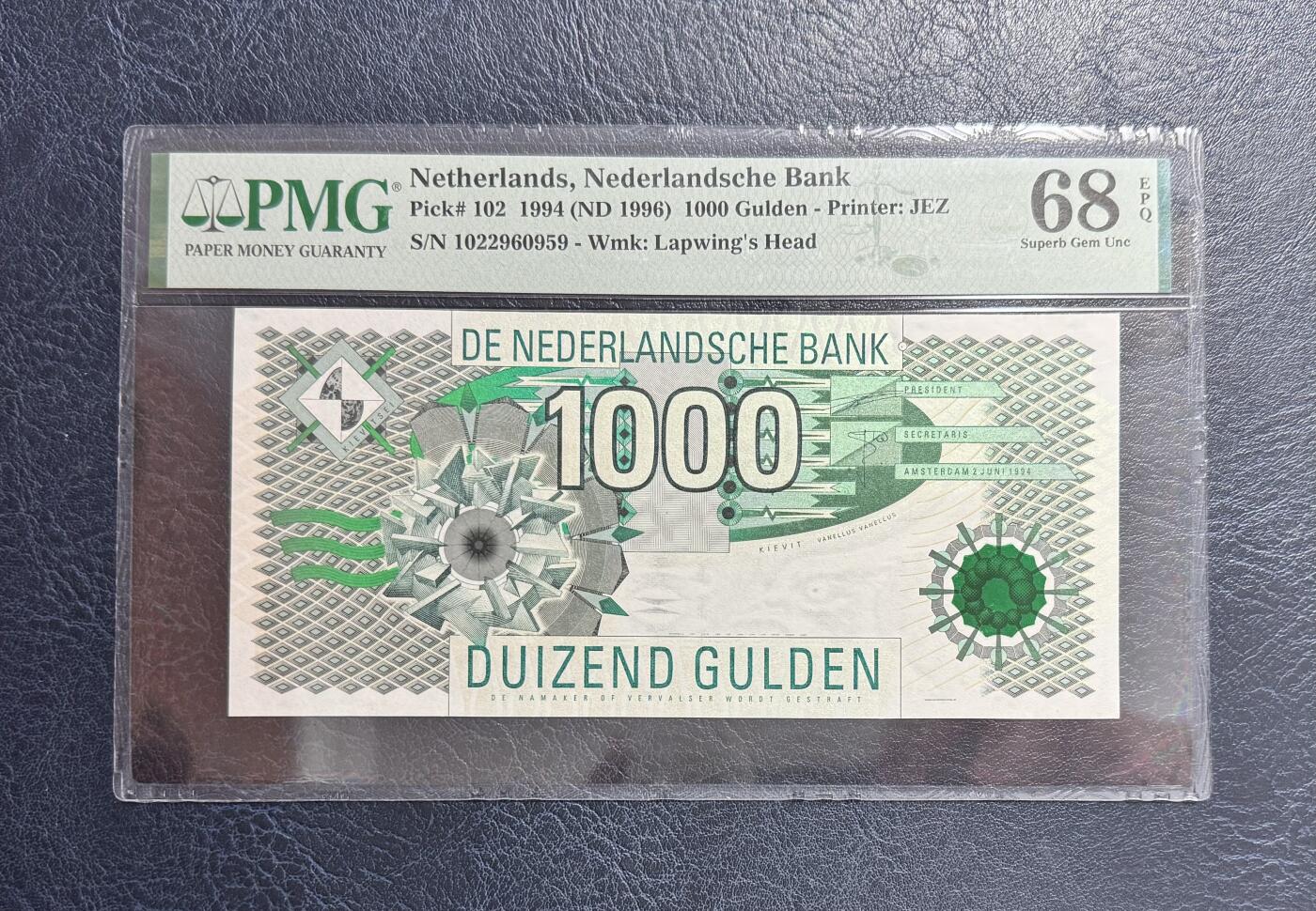 收藏联盟Quantum Auction 第354期拍卖  荷兰1994年1000盾 PMG68 号码全程无347 经典大齿轮