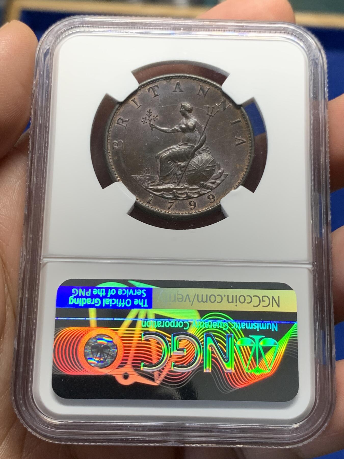 《竞宝斋》第280场- 周日，周一 ，周二3场连拍 （全场包邮） NGC MS63BN 英国1799乔治三世半便士铜币 丝滑黑巧克力，包浆均匀，高点优秀，同分中的好状态。年初SBP拍卖64分含佣合人民币1738元成交