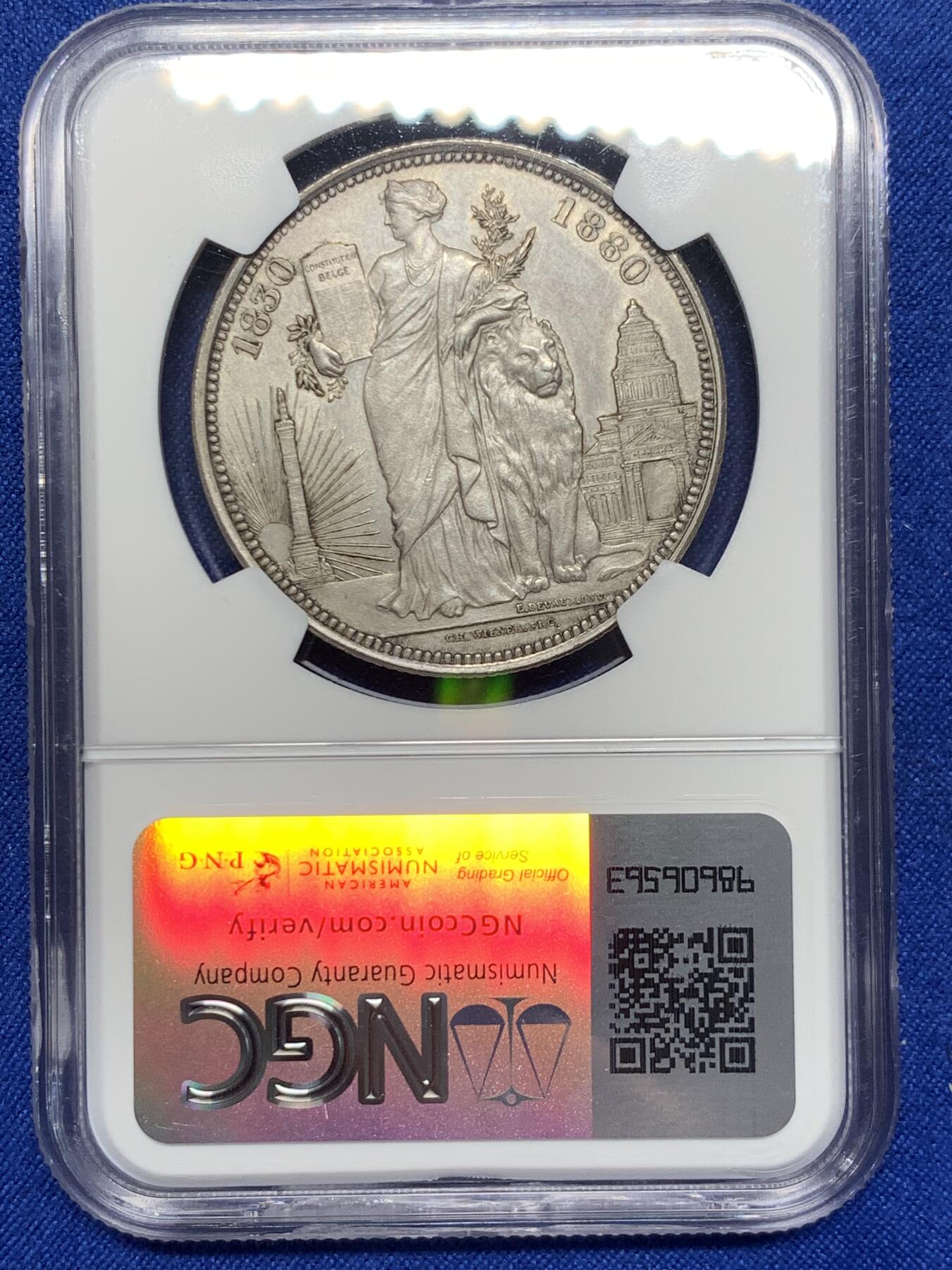 《竞宝斋》第280场- 周日，周一 ，周二3场连拍 （全场包邮） NGC UNC 1880 比利时 独立纪念5法郎大银 PL底板 细节非常好