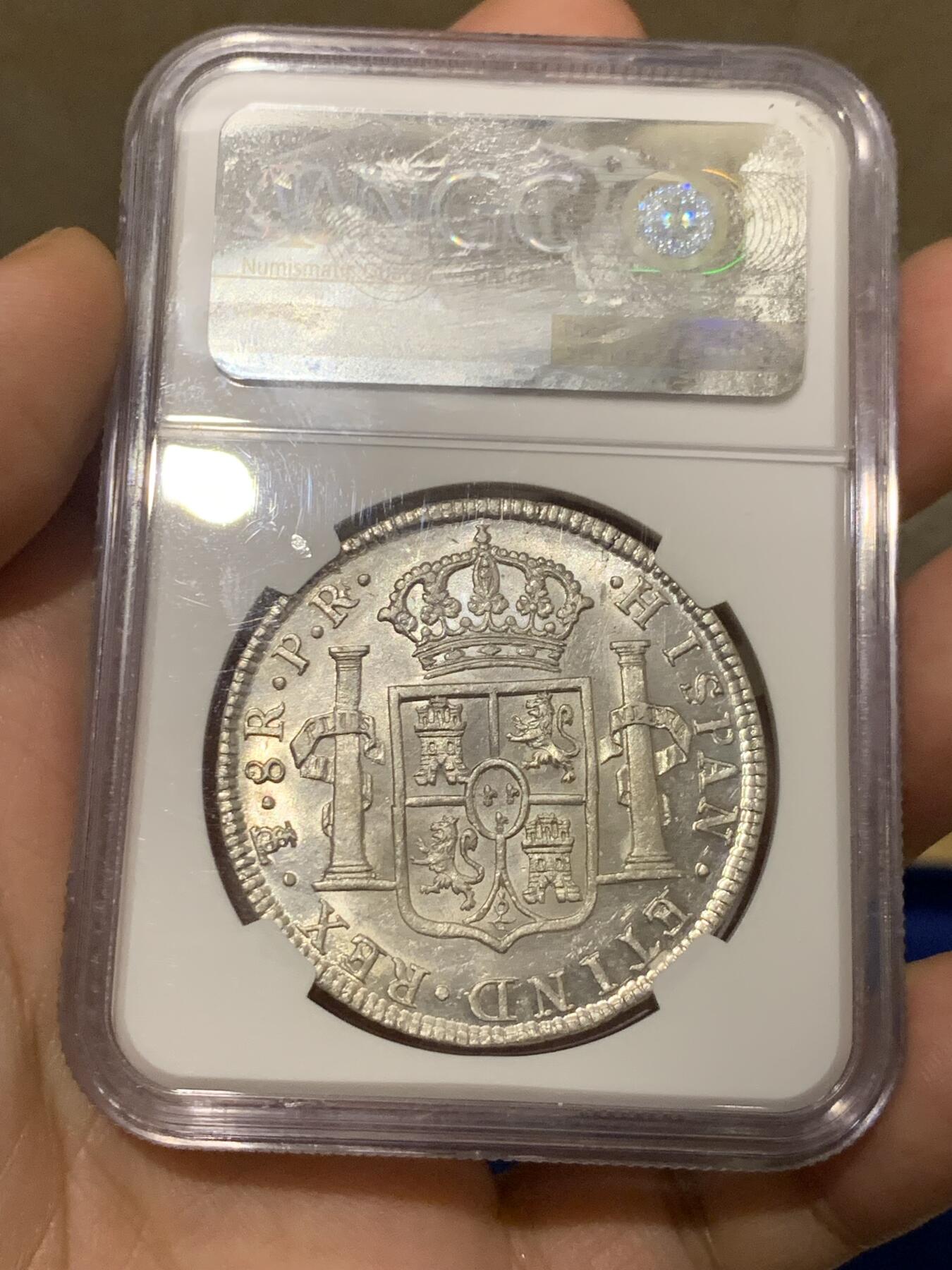 《竞宝斋》第280场- 周日，周一 ，周二3场连拍 （全场包邮） NGC MS62 玻利维亚1777卡三双柱银币 双面深打 底板原光车轮转光 细节近乎完美 外拍大热品种 人像面复打