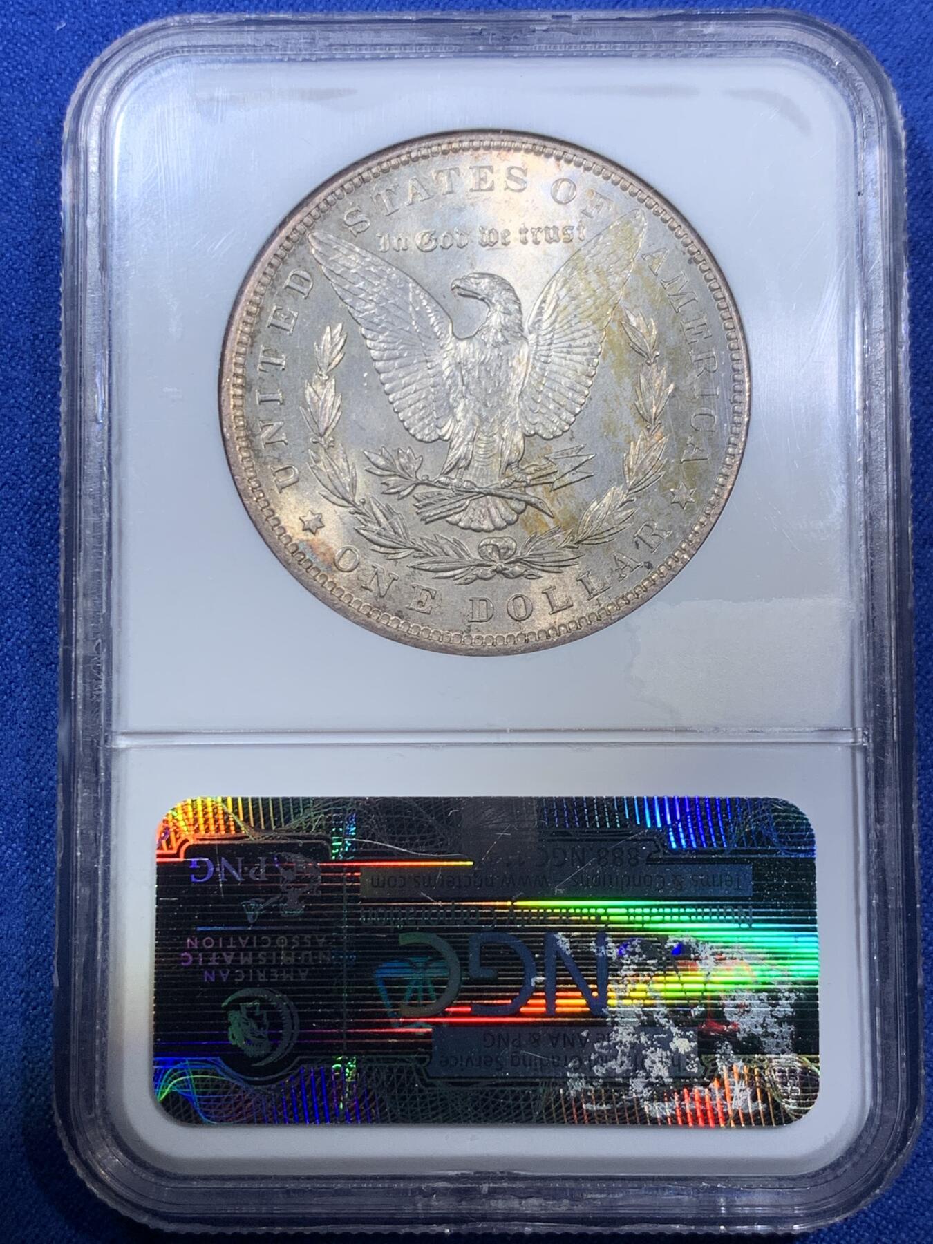 《竞宝斋》第280场- 周日，周一 ，周二3场连拍 （全场包邮） NGC MS62 美国1896年摩根银币P版 原汁原味老包浆，包浆醇厚，打制精美，N盒经典老白盒严评无官网图，状态和品质绝对不输现在的63分。