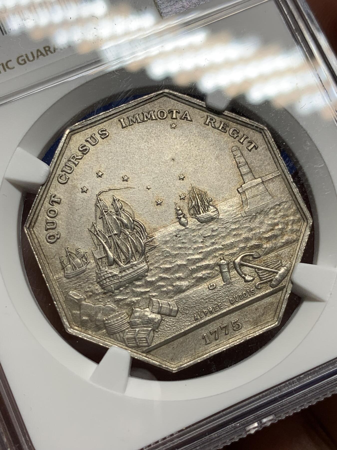 《竞宝斋》第281场- 周日，周一 ，周二3场连拍 （全场包邮） NGC-MS62 法国八角银质代币，马赛商会