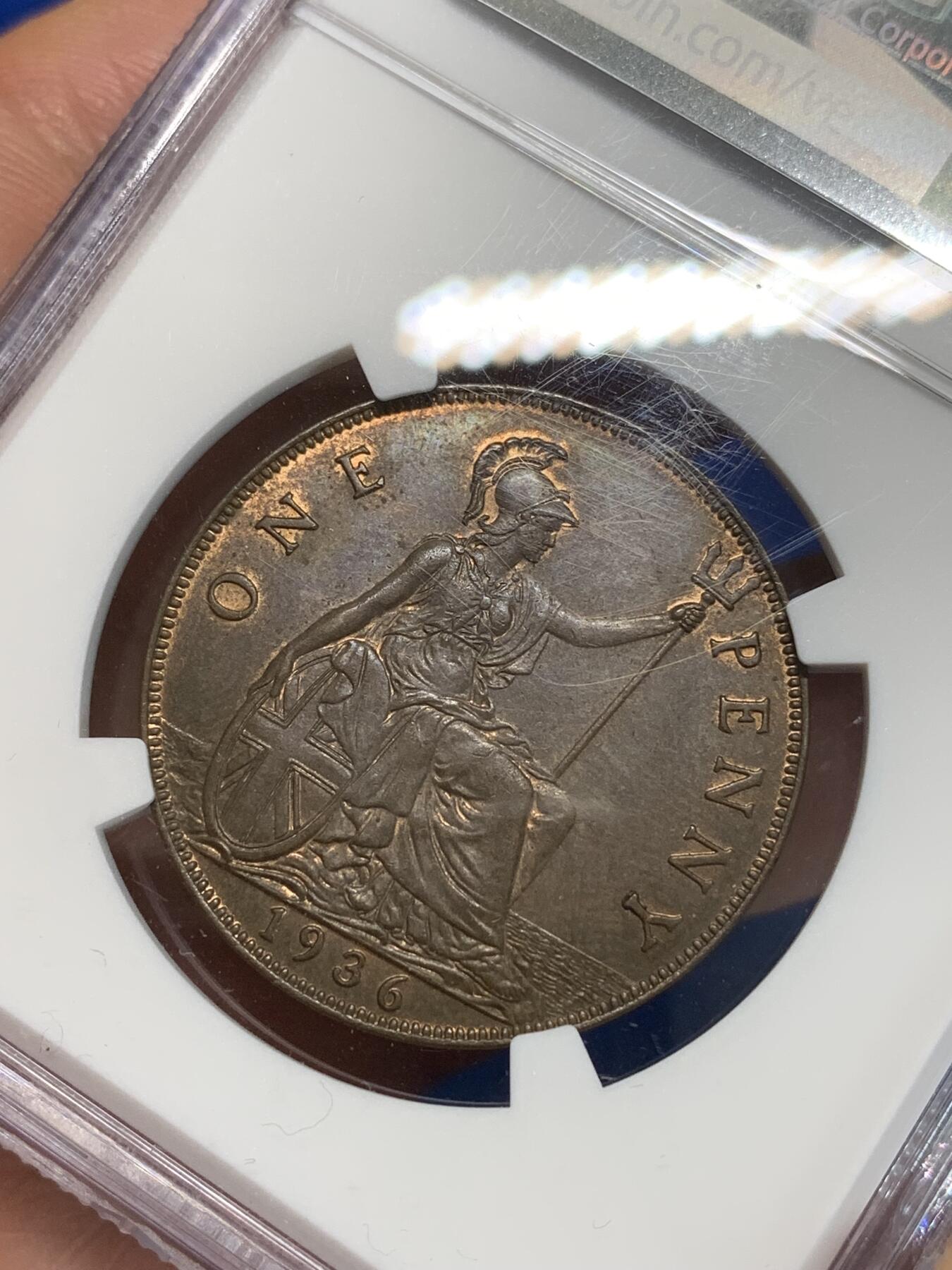 《竞宝斋》第280场- 周日，周一 ，周二3场连拍 （全场包邮） NGC MS63BN 英国1936年乔五1便士铜币