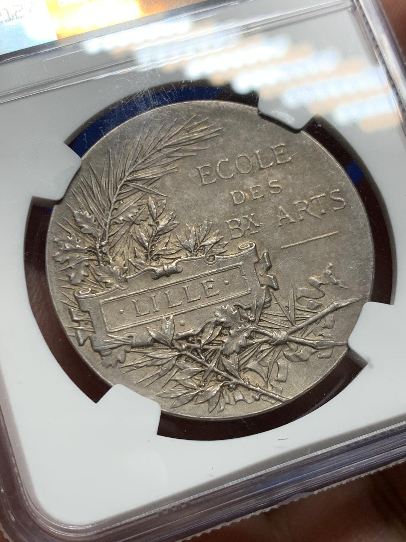 《竞宝斋》第281场- 周日，周一 ，周二3场连拍 （全场包邮） NGC-MS62 法国银代币，里尔艺术学院