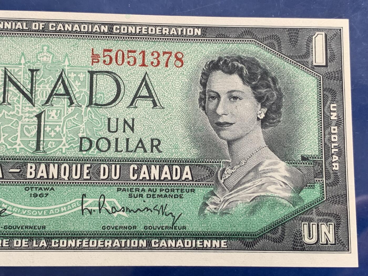 《竞宝斋》第280场- 周日，周一 ，周二3场连拍 （全场包邮） PMG 64EPQ 加拿大1967年议会百年1元纪念钞 少见带号码版本 女王头像栩栩如生