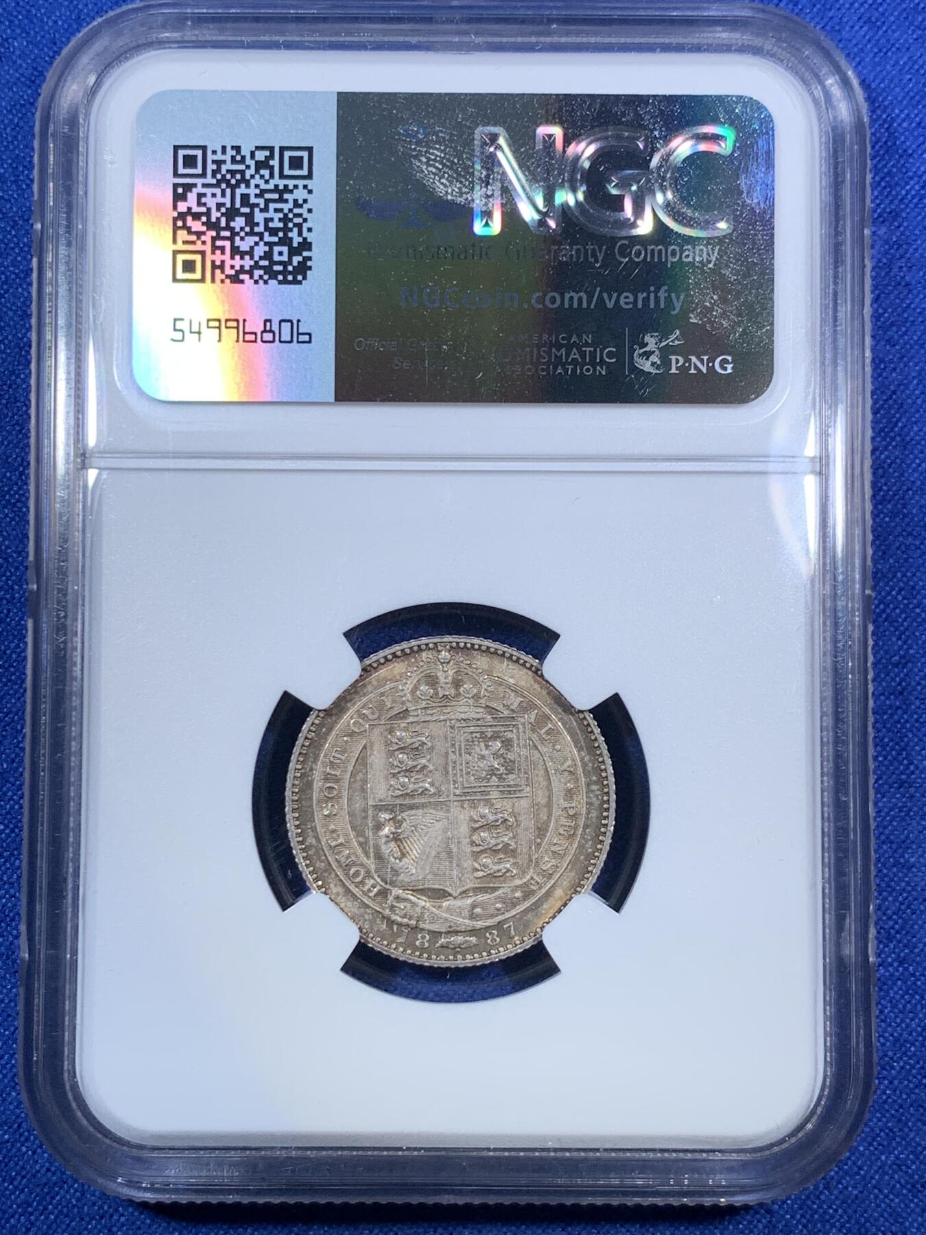 《竞宝斋》第280场- 周日，周一 ，周二3场连拍 （全场包邮） NGC MS63 英国1887年维多利亚1先令银币 原光