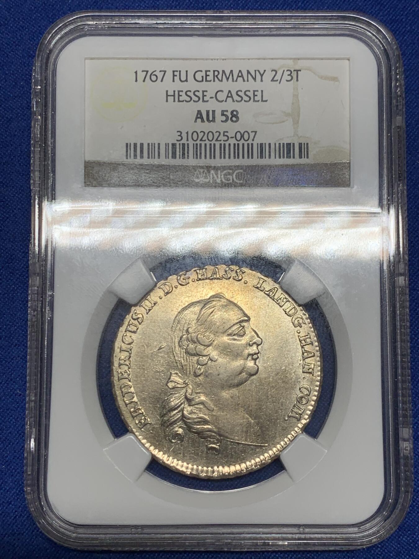 《竞宝斋》第280场- 周日，周一 ，周二3场连拍 （全场包邮） 亚军分！NGC AU58 德国 1767年 黑森卡塞尔 2/3泰勒银币 这个品种太少见了！