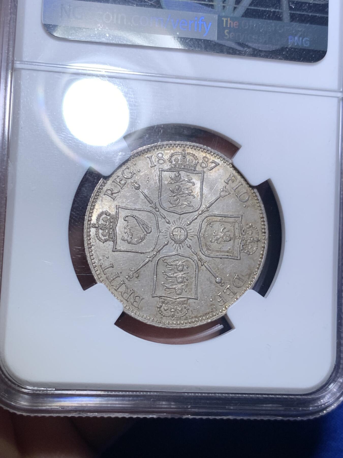 《竞宝斋》第280场- 周日，周一 ，周二3场连拍 （全场包邮） NGC MS62 英国1887年维多利亚1弗洛林银币 原味漂亮