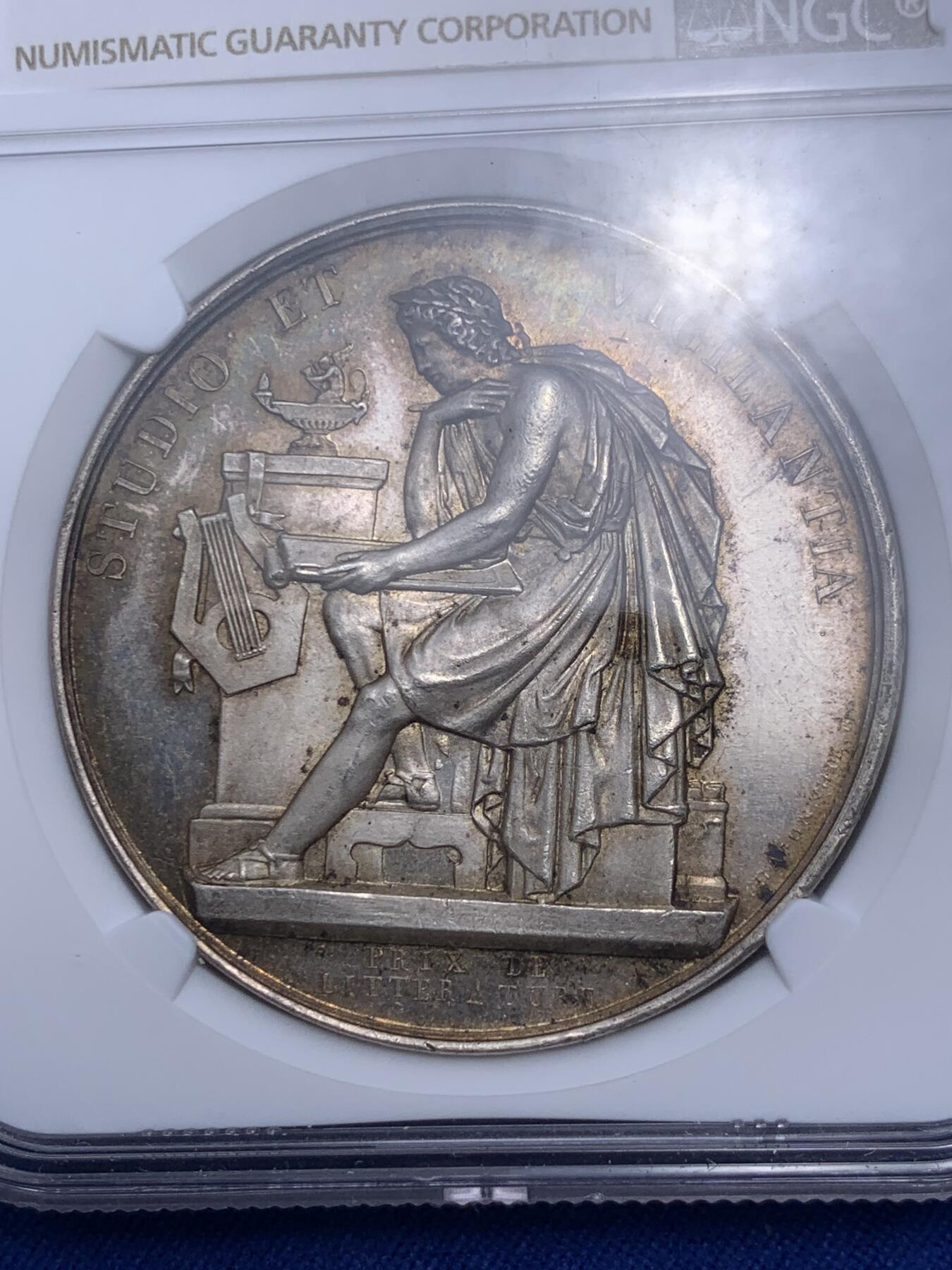 《竞宝斋》第280场- 周日，周一 ，周二3场连拍 （全场包邮） NGC MS61 1850年瑞士日内瓦文学奖章 41mm大规格五彩银章