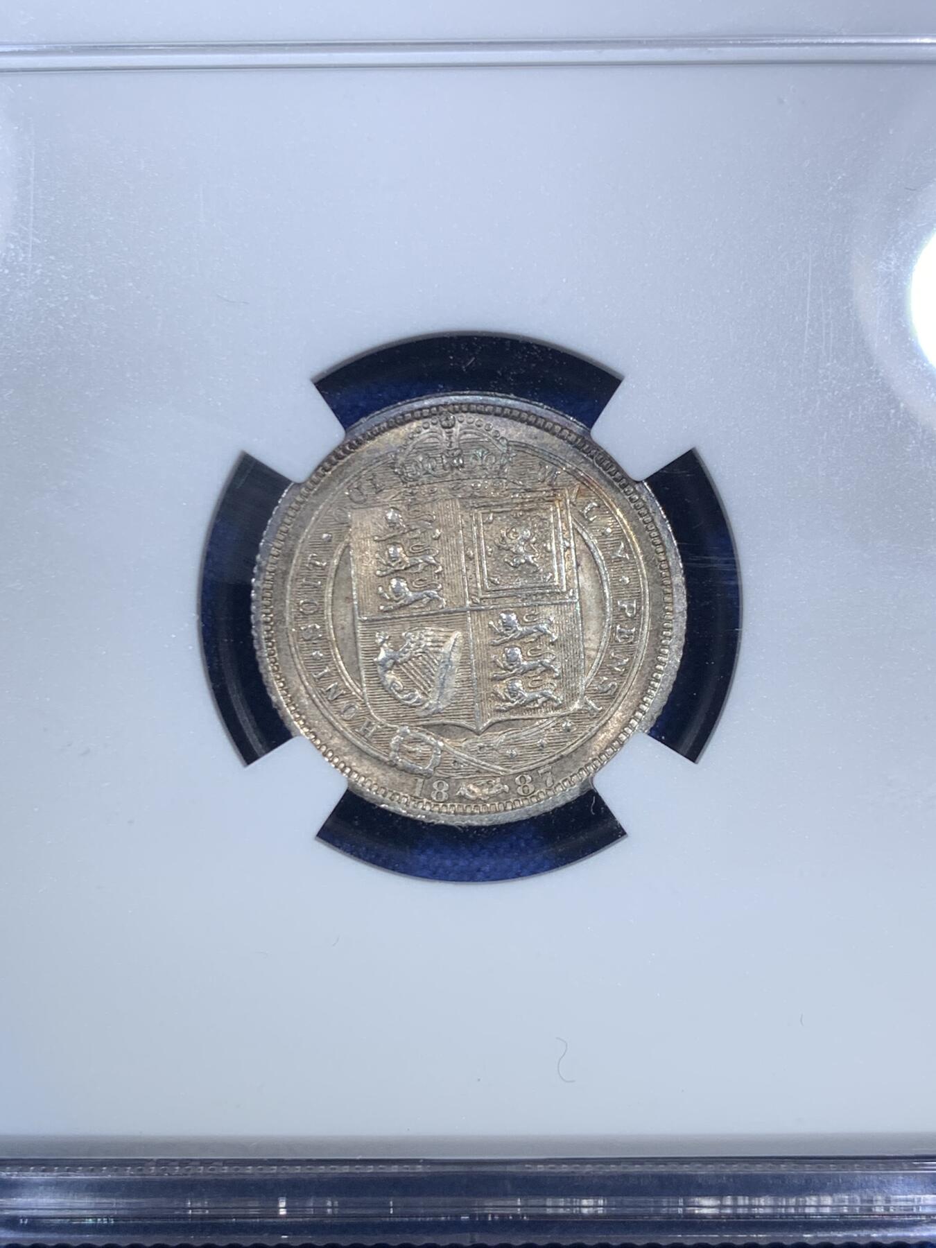 《竞宝斋》第280场- 周日，周一 ，周二3场连拍 （全场包邮） NGC MS62 英国1887年维多利亚6便士银币 五彩包浆漂亮