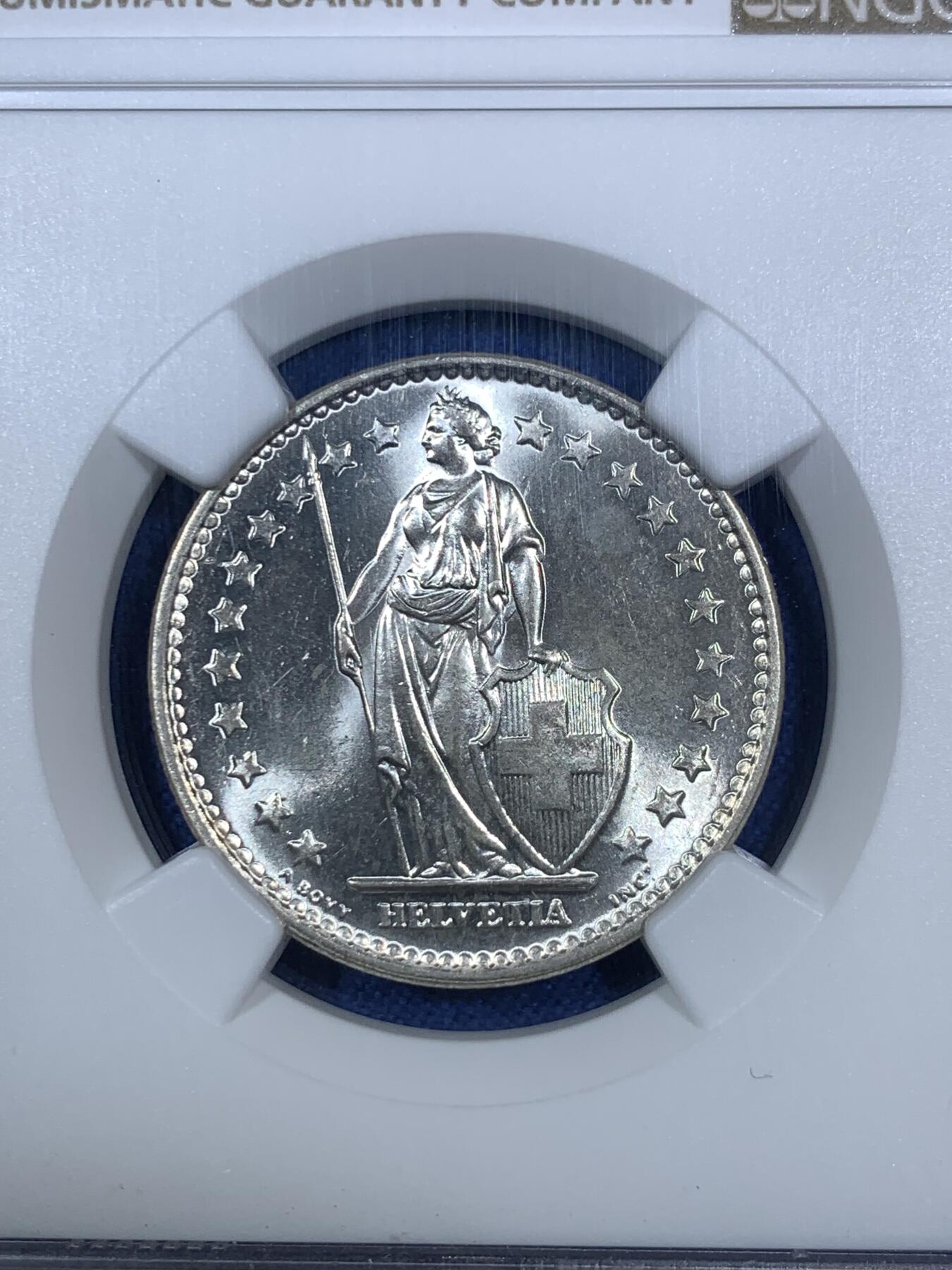 《竞宝斋》第280场- 周日，周一 ，周二3场连拍 （全场包邮） NGC MS64 瑞士1965年赫尔维蒂女神2法郎银币