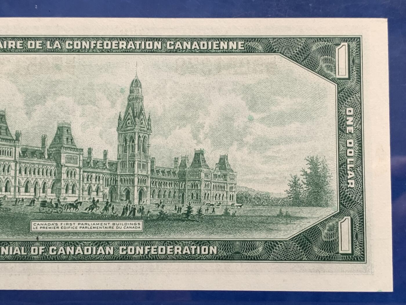 《竞宝斋》第280场- 周日，周一 ，周二3场连拍 （全场包邮） PMG 64EPQ 加拿大1967年议会百年1元纪念钞 少见带号码版本 女王头像栩栩如生