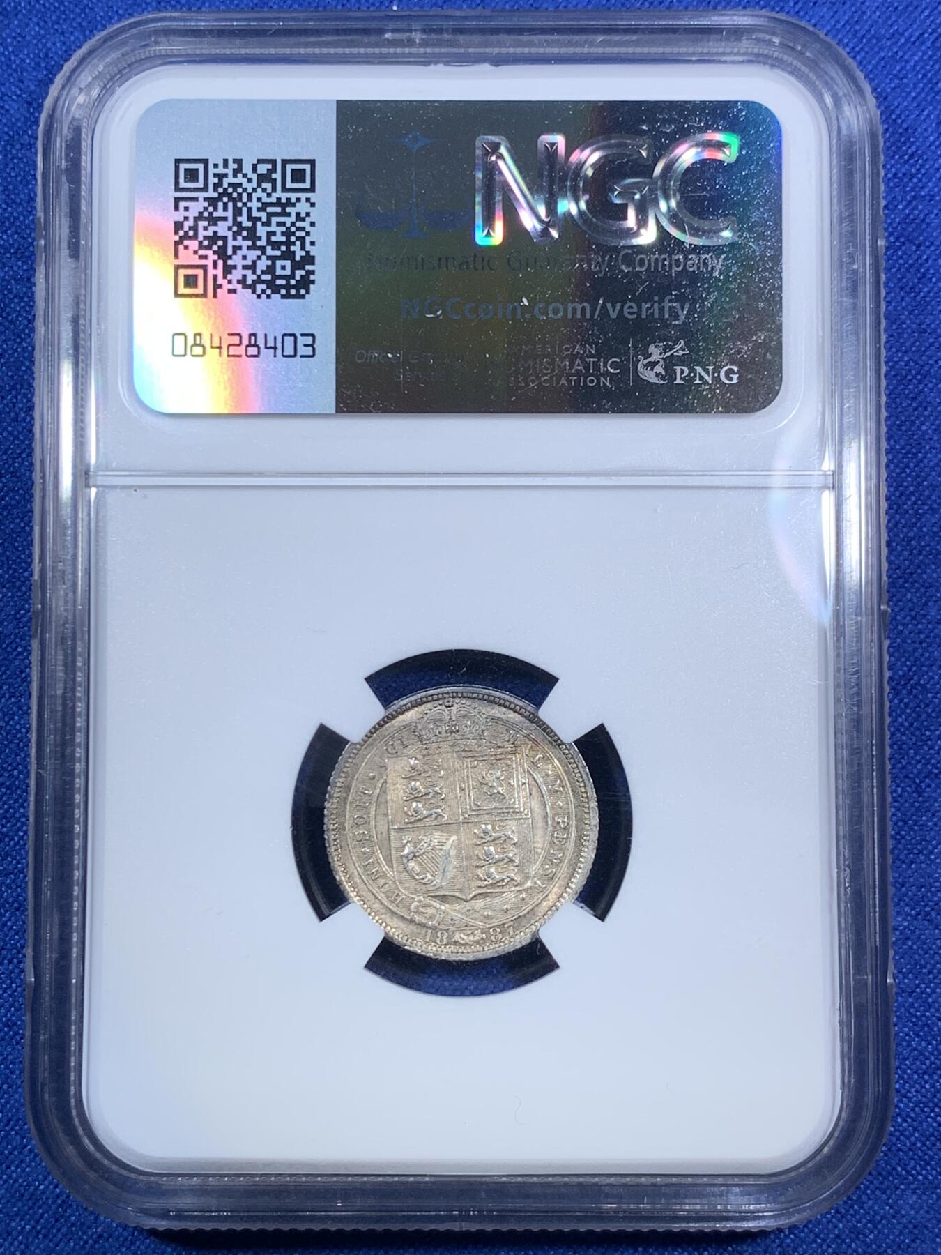 《竞宝斋》第280场- 周日，周一 ，周二3场连拍 （全场包邮） NGC MS62 英国1887年维多利亚6便士银币 五彩包浆漂亮