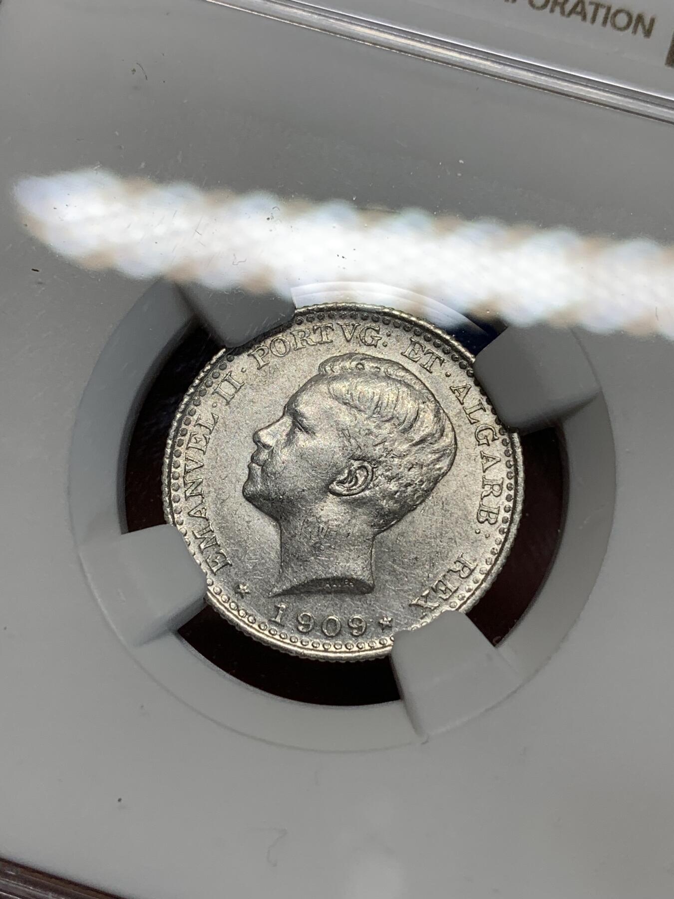 《竞宝斋》第280场- 周日，周一 ，周二3场连拍 （全场包邮） NGC MS62 葡萄牙 1909年 100瑞斯 银币