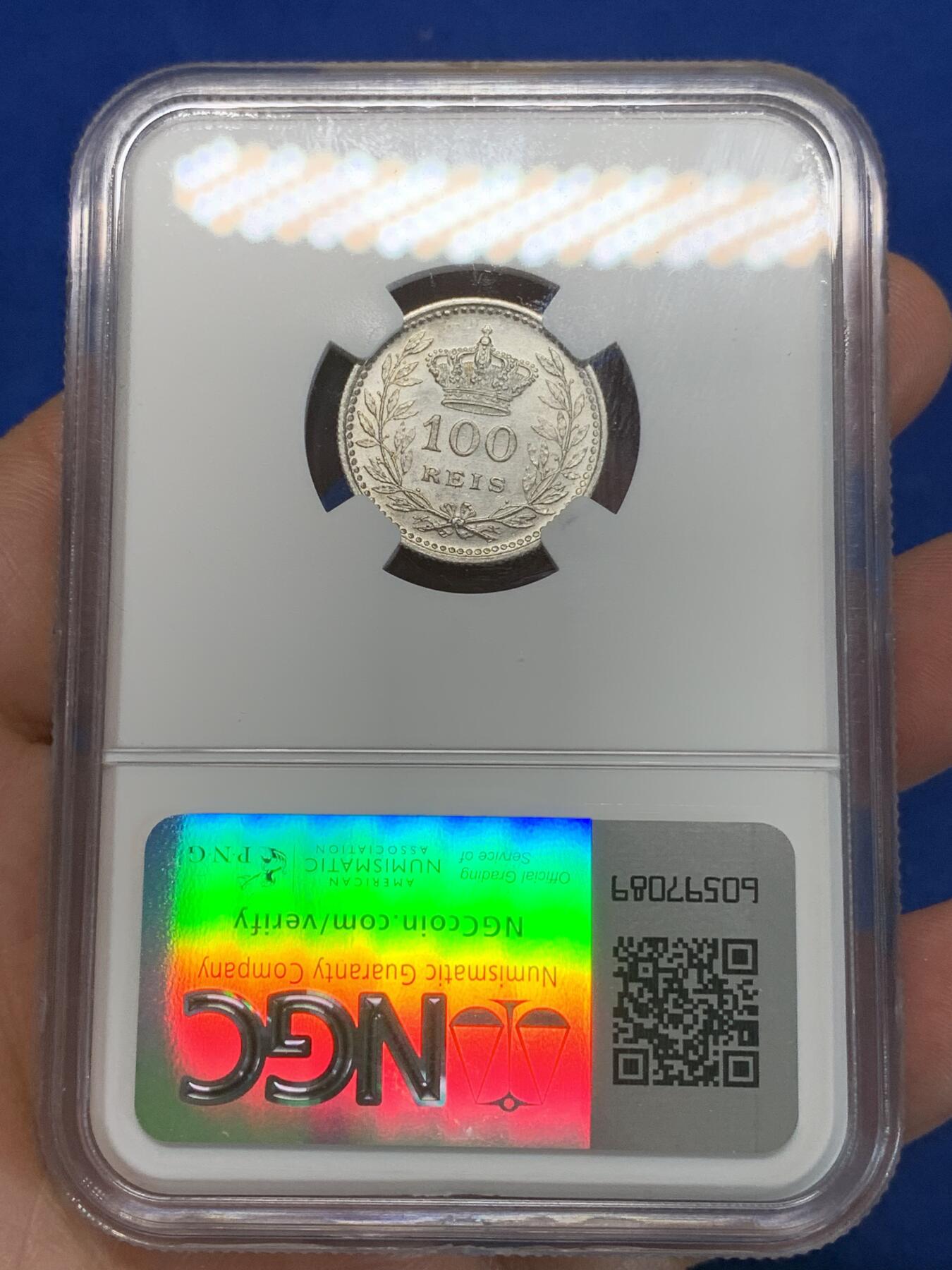 《竞宝斋》第280场- 周日，周一 ，周二3场连拍 （全场包邮） NGC MS62 葡萄牙 1909年 100瑞斯 银币