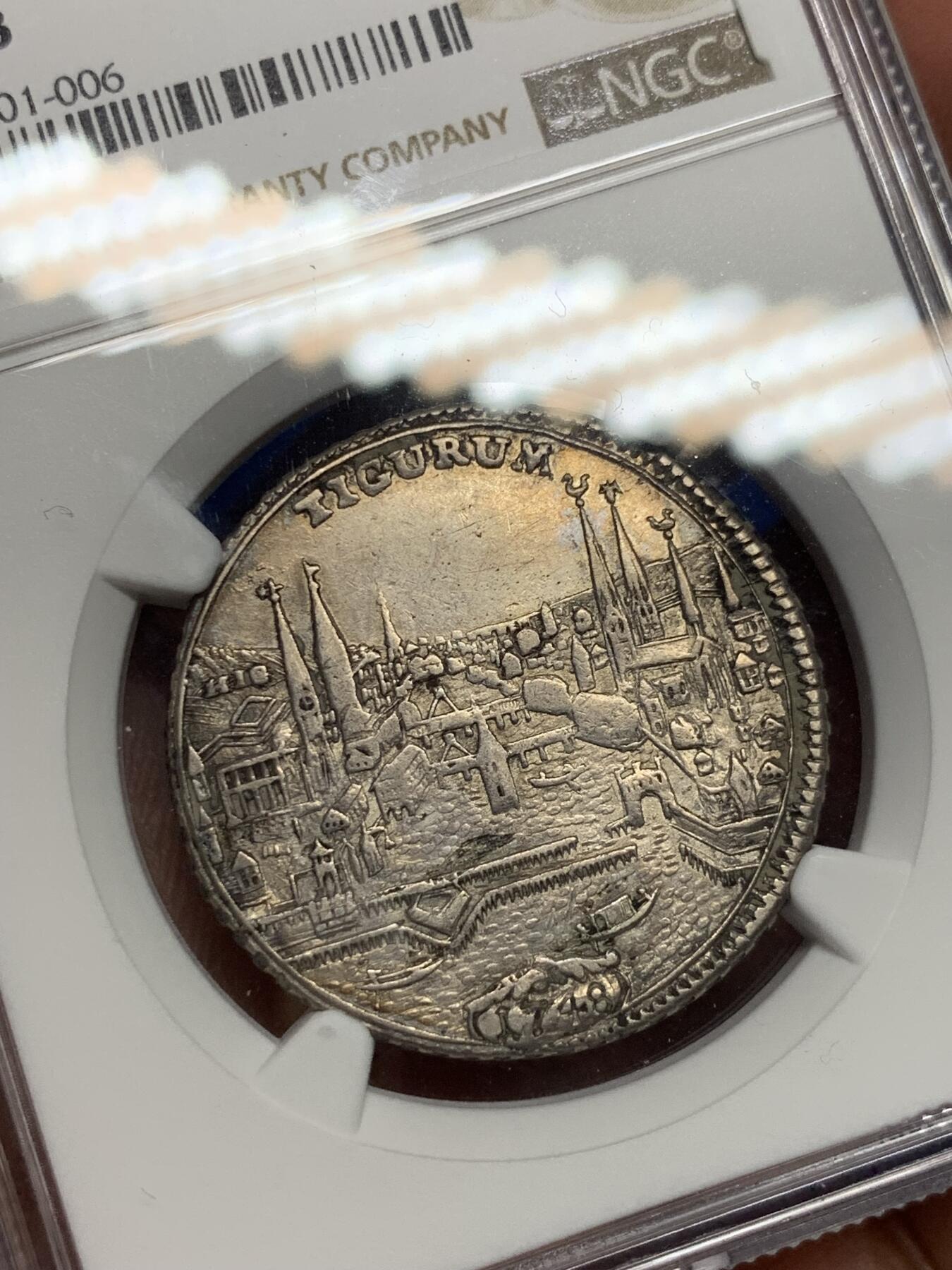 《竞宝斋》第280场- 周日，周一 ，周二3场连拍 （全场包邮） NGC AU53 瑞士1748年苏黎世景观 1/2泰勒银币 正反深打底光好 瑞士景观最近价格上升很快