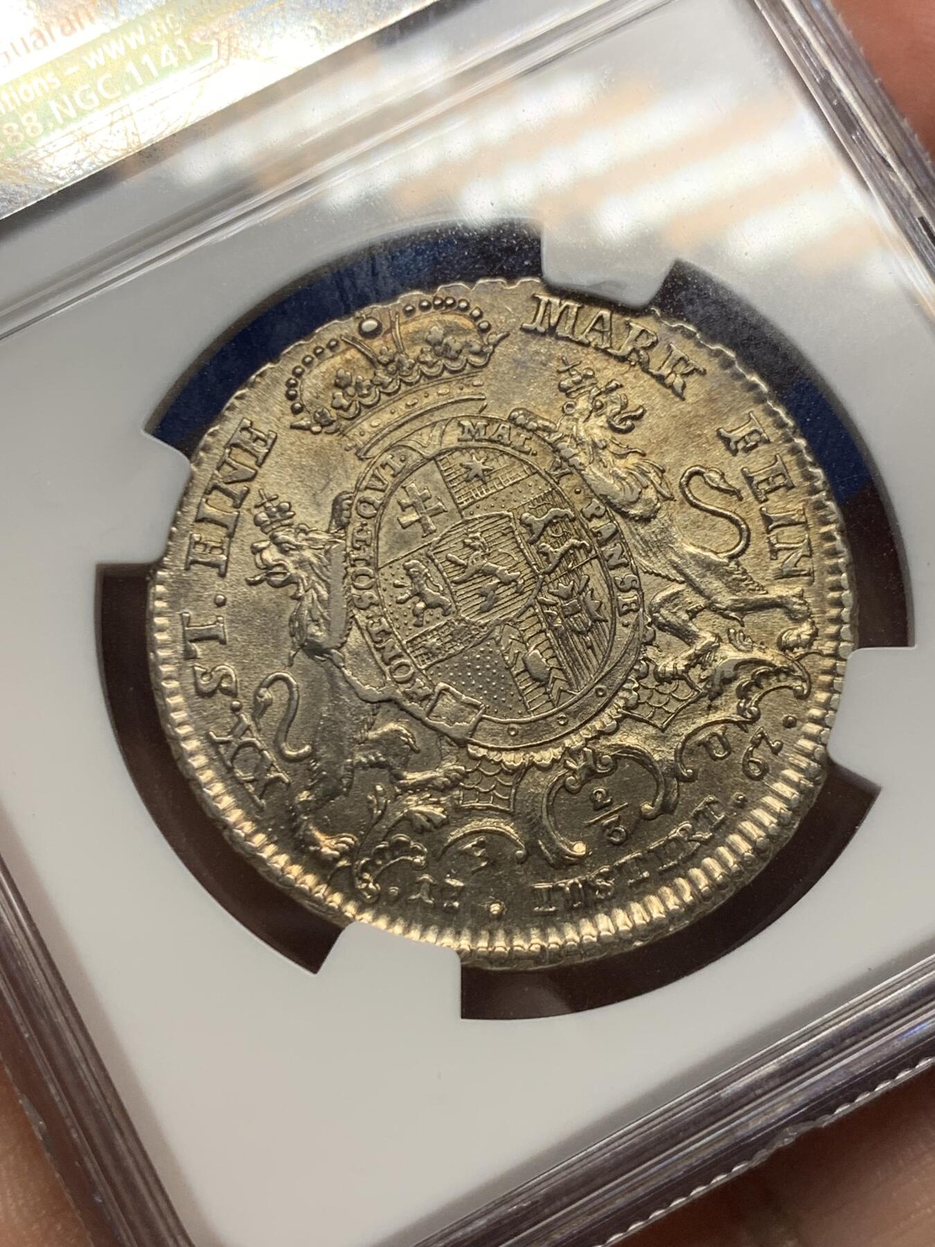 《竞宝斋》第280场- 周日，周一 ，周二3场连拍 （全场包邮） 亚军分！NGC AU58 德国 1767年 黑森卡塞尔 2/3泰勒银币 这个品种太少见了！