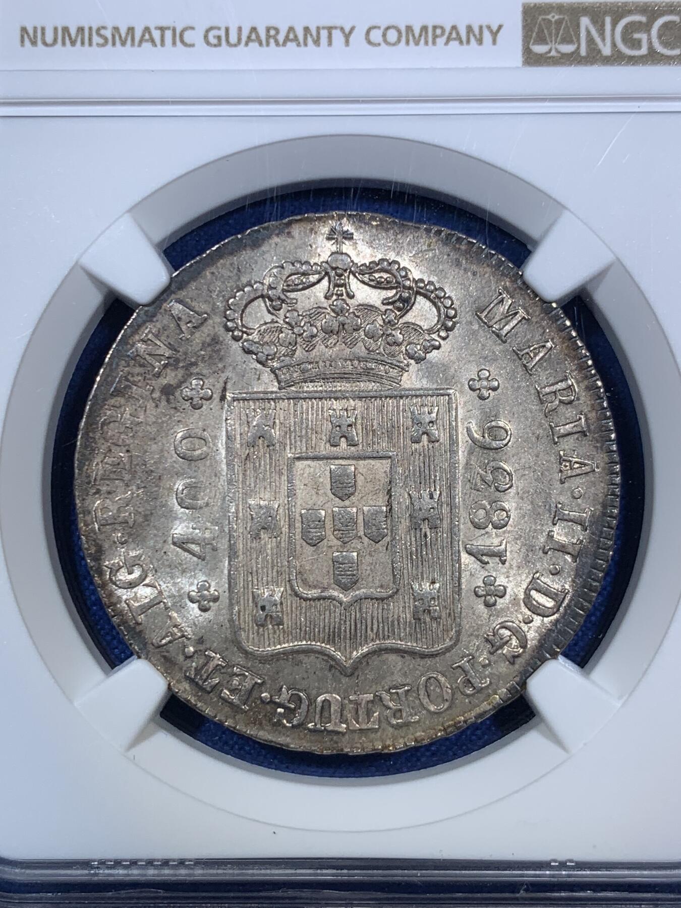 《竞宝斋》第280场- 周日，周一 ，周二3场连拍 （全场包邮） NGC MS62 葡萄牙1836年玛丽二世400R十字银币 淡金彩底板