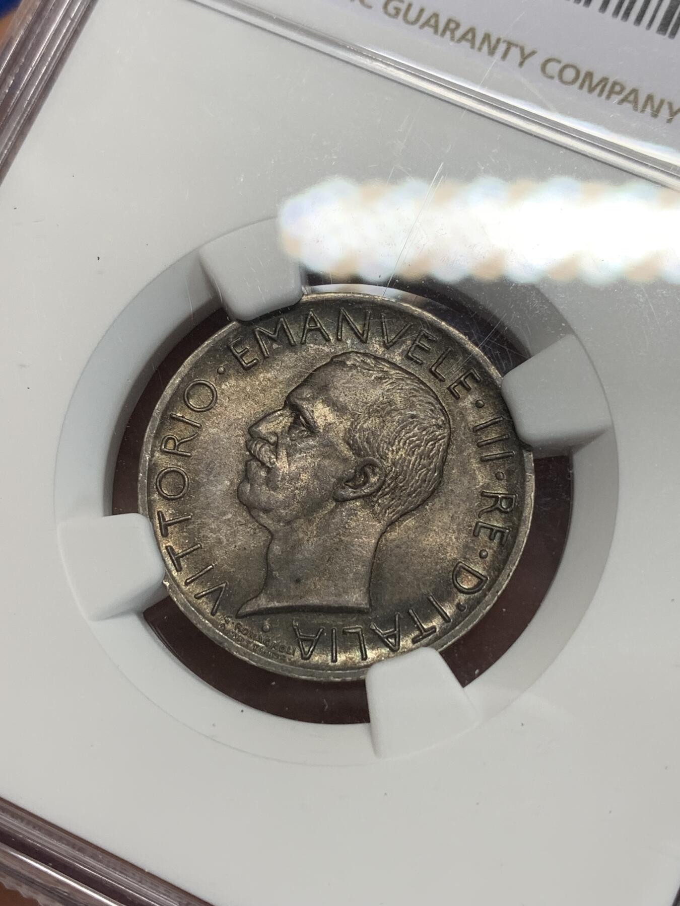 《竞宝斋》第280场- 周日，周一 ，周二3场连拍 （全场包邮） NGC MS63 意大利1930年5里拉银币 深灰包浆比较耐看