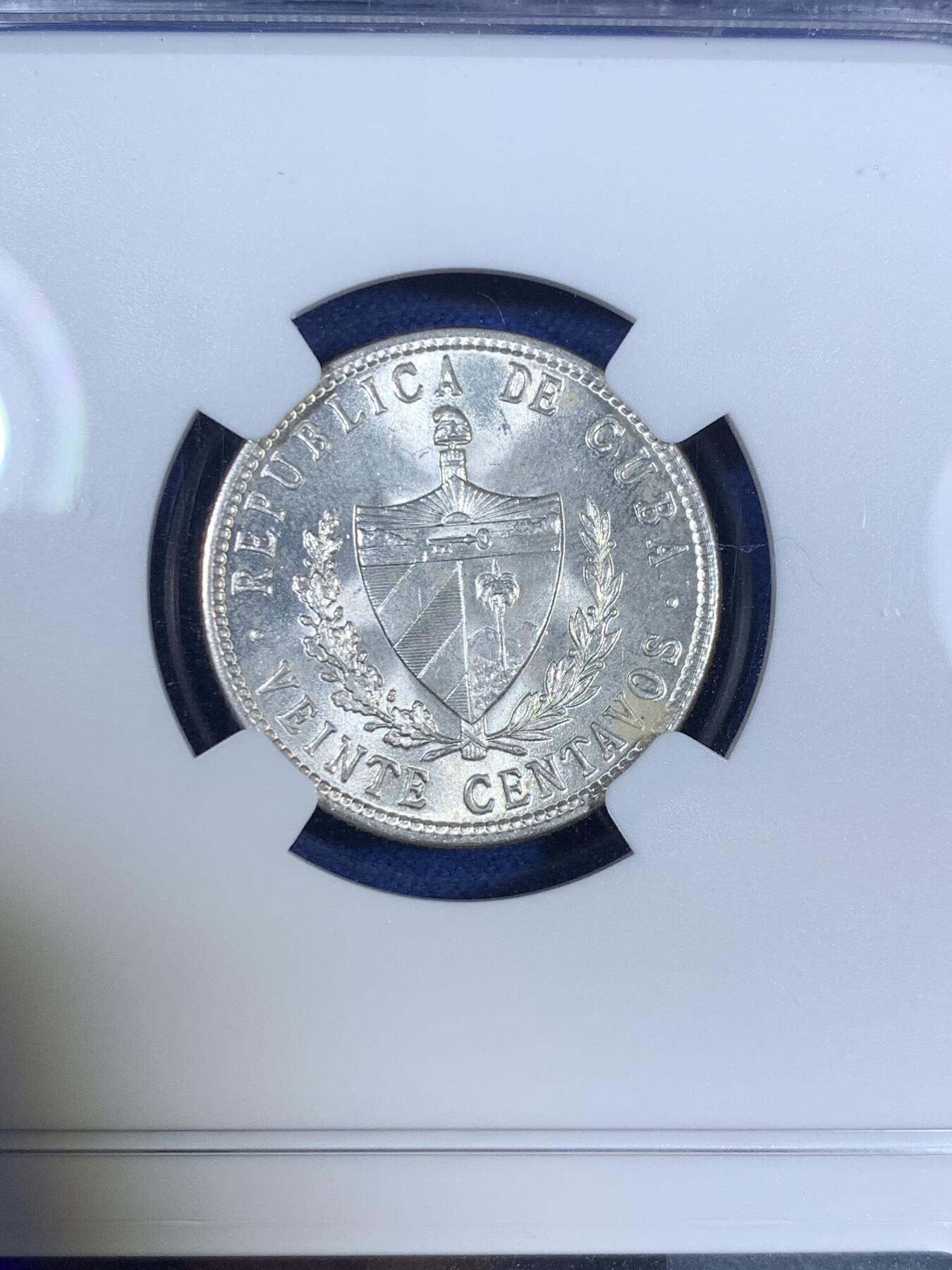 《竞宝斋》第280场- 周日，周一 ，周二3场连拍 （全场包邮） NGC MS64 古巴 1949年 五星 20分银币