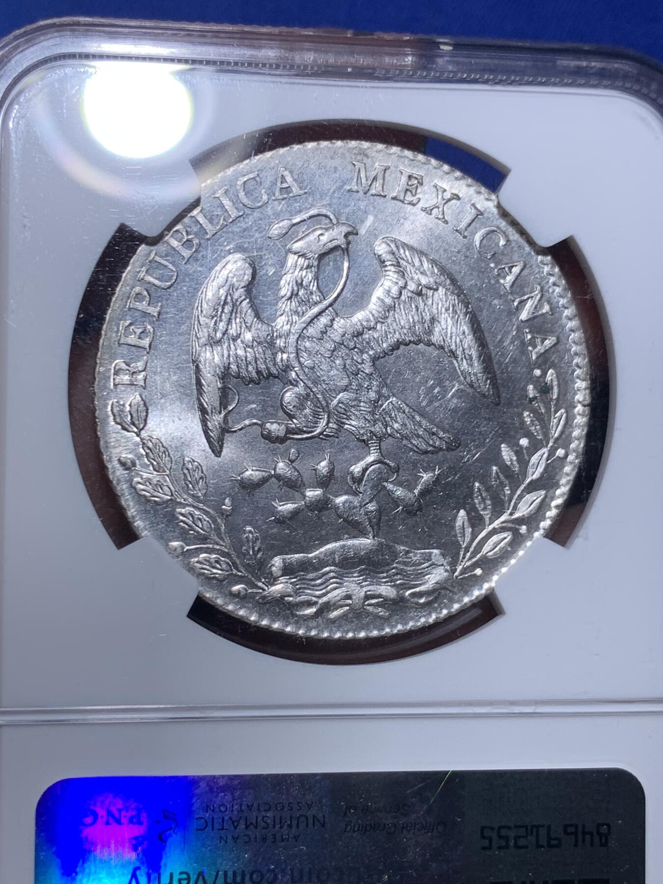 《竞宝斋》第280场- 周日，周一 ，周二3场连拍 （全场包邮） NGC MS62 墨西哥1896年鹰洋8R银币 镜面感十足