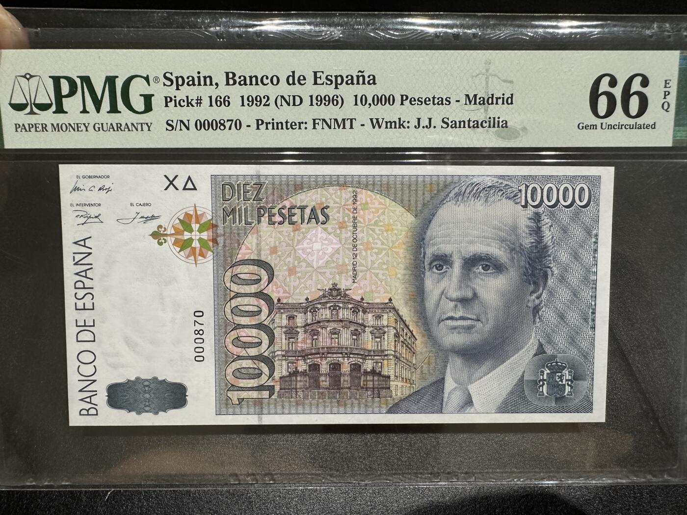 《外钞收藏家》第三百八十期（连拍第二场） 1992年西班牙1万比塞塔 PMG66 小号 百位号870