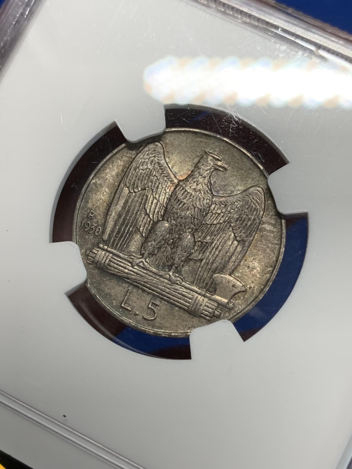 《竞宝斋》第280场- 周日，周一 ，周二3场连拍 （全场包邮） NGC MS63 意大利1930年5里拉银币 深灰包浆比较耐看