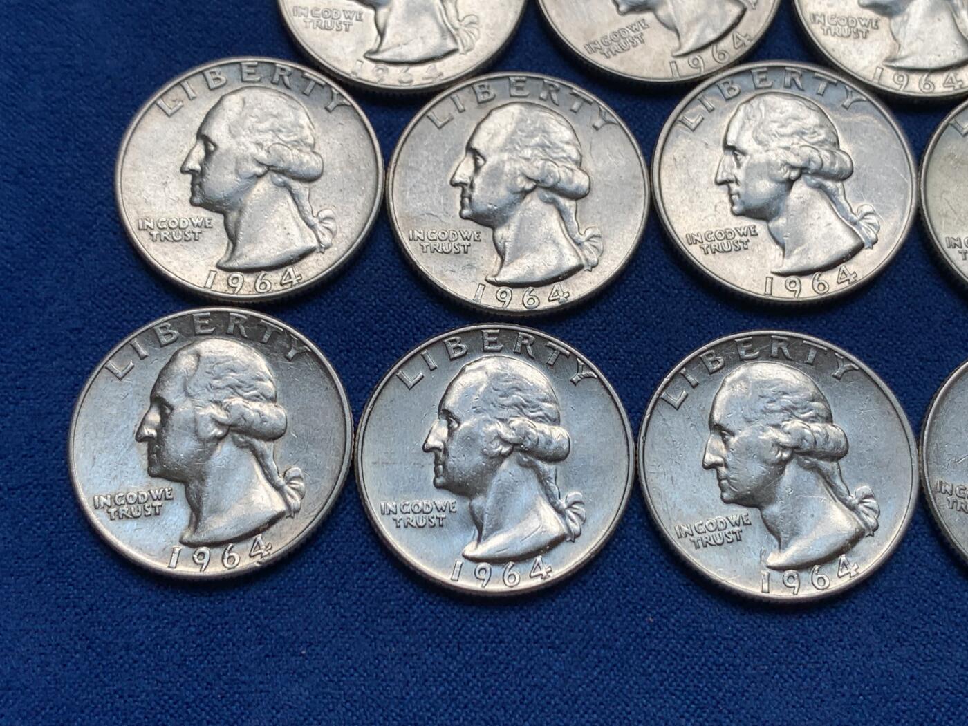 《竞宝斋》第280场- 周日，周一 ，周二3场连拍 （全场包邮） 14枚一组 1964年美国华盛顿25美分银币 重6.25克 900银 合计纯银78.75克