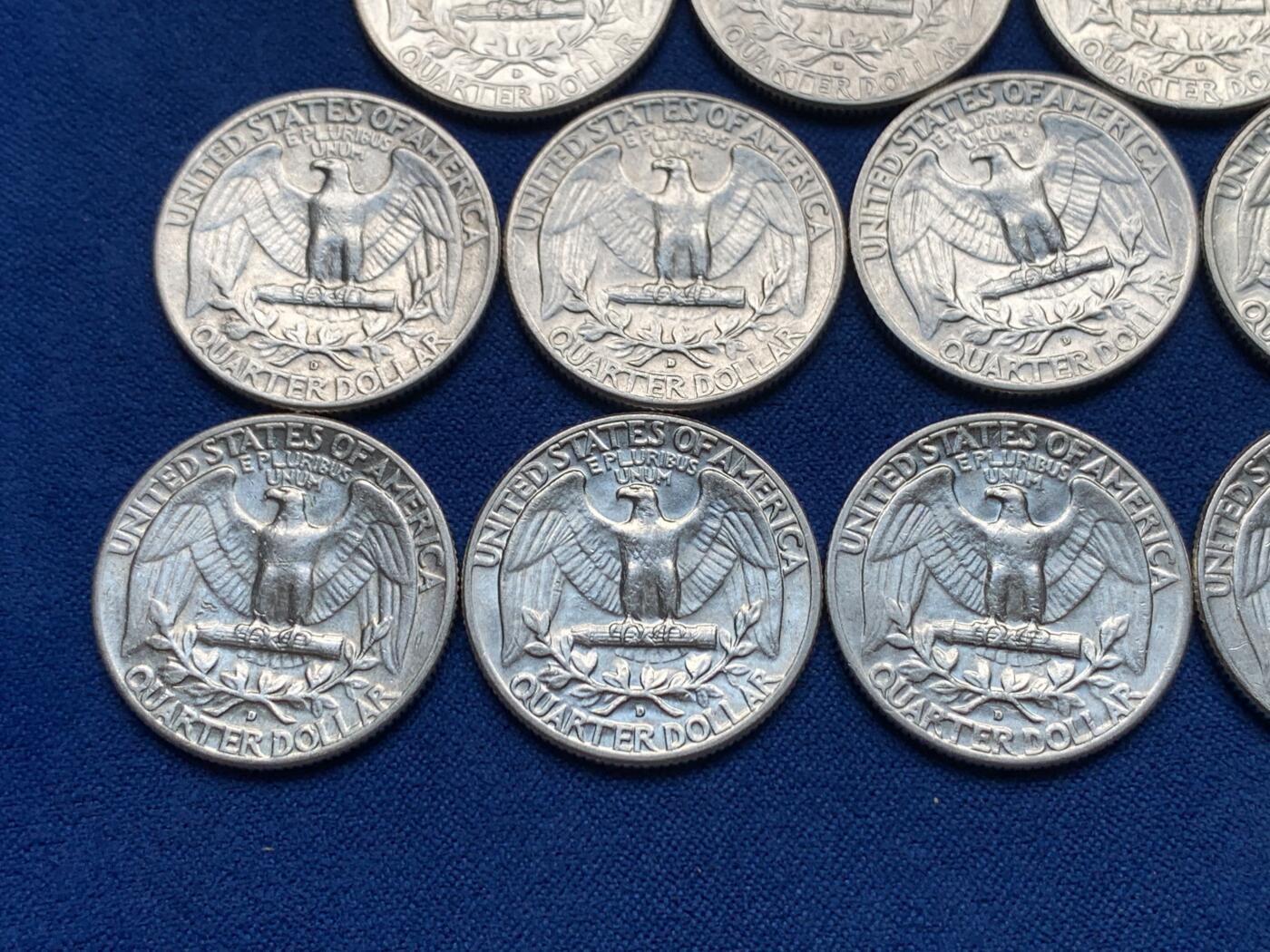 《竞宝斋》第280场- 周日，周一 ，周二3场连拍 （全场包邮） 14枚一组 1964年美国华盛顿25美分银币 重6.25克 900银 合计纯银78.75克