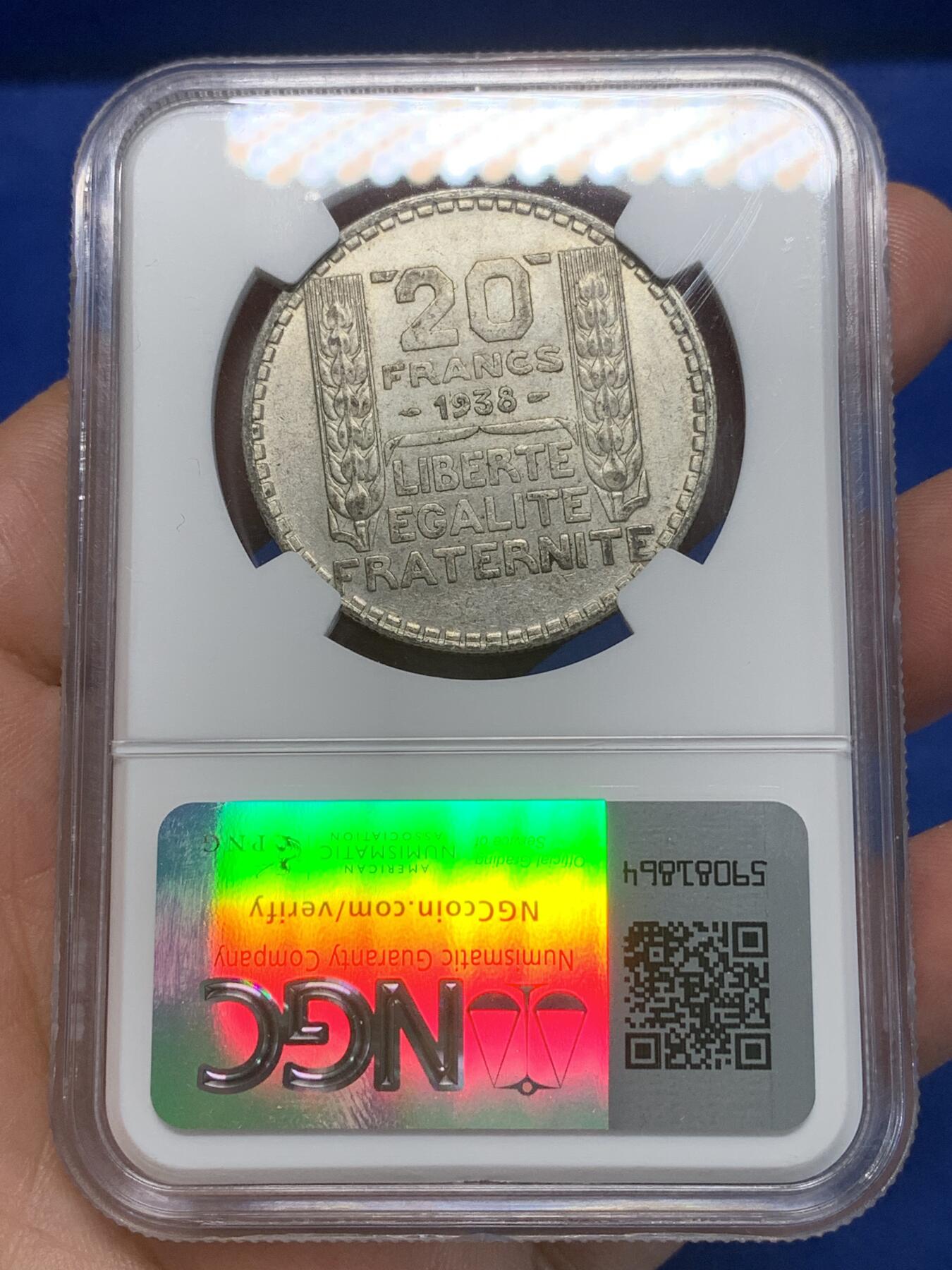 《竞宝斋》第280场- 周日，周一 ，周二3场连拍 （全场包邮） NGC AU58 法国1938年谷物女神20法郎银币