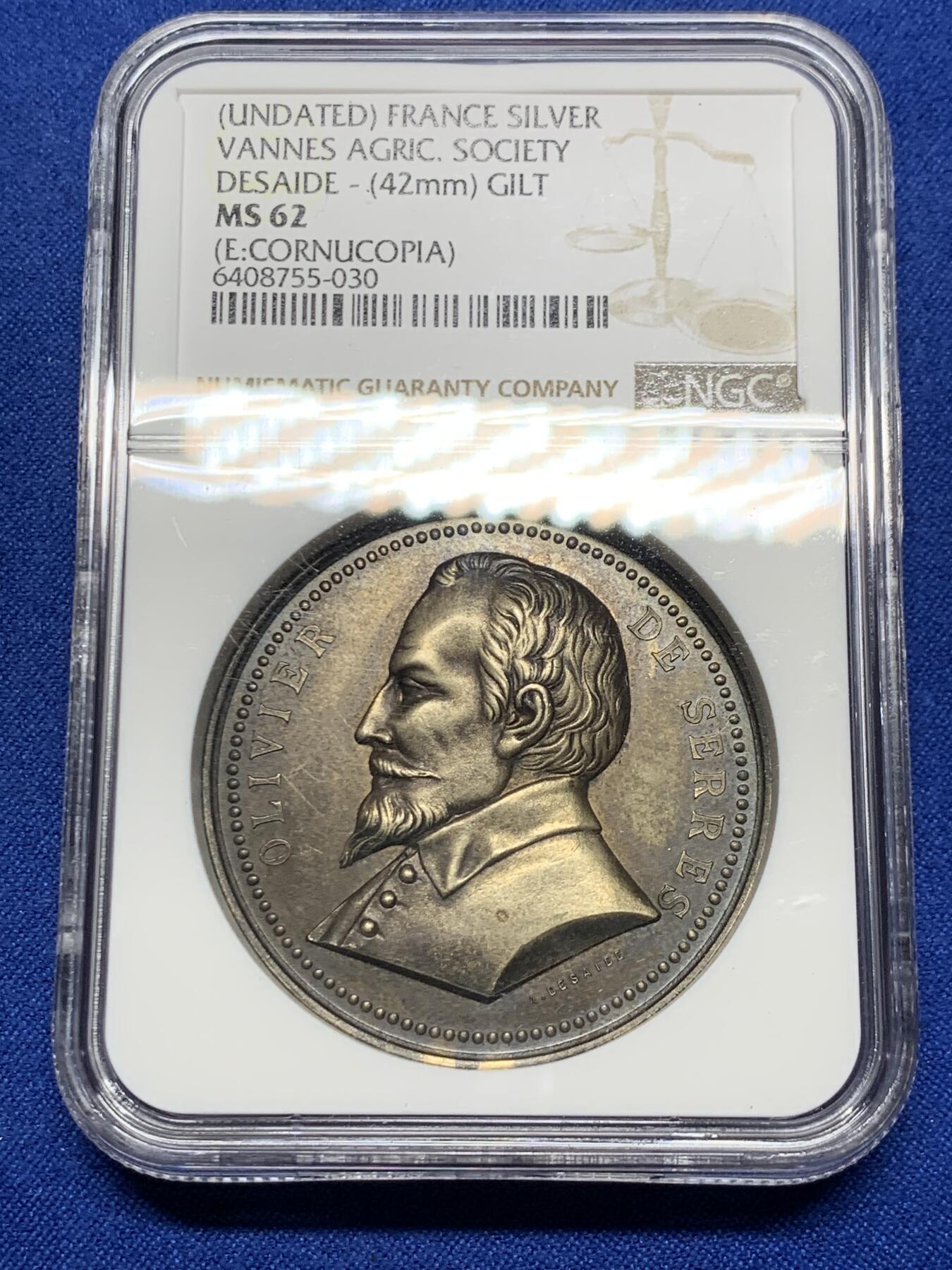 《竞宝斋》第281场- 周日，周一 ，周二3场连拍 （全场包邮） NGC-MS62 法国镀金银代币，农业协会，盒子加厚