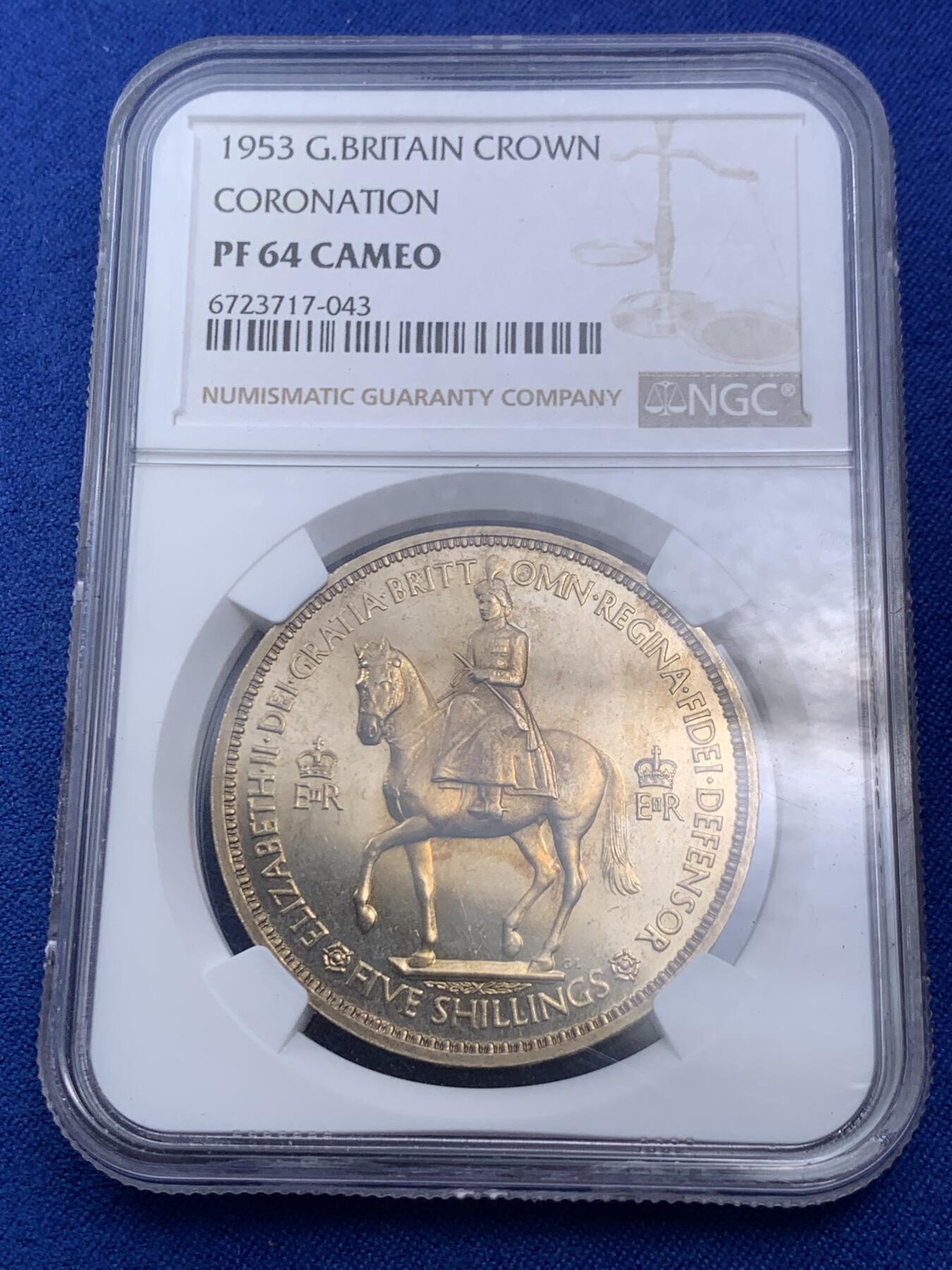 《竞宝斋》第280场- 周日，周一 ，周二3场连拍 （全场包邮） NGC PF64CAMEO 英国1953年女王精制加冕克朗 镜面带彩