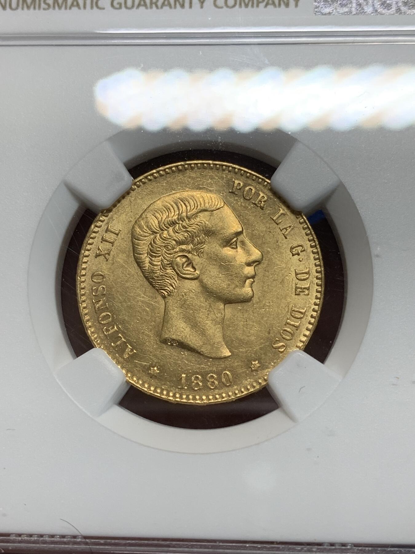 《竞宝斋》第280场- 周日，周一 ，周二3场连拍 （全场包邮） NGC UNC 西班牙 1880年 阿方索十二世 25比塞塔 金币 状态不错 细节见图