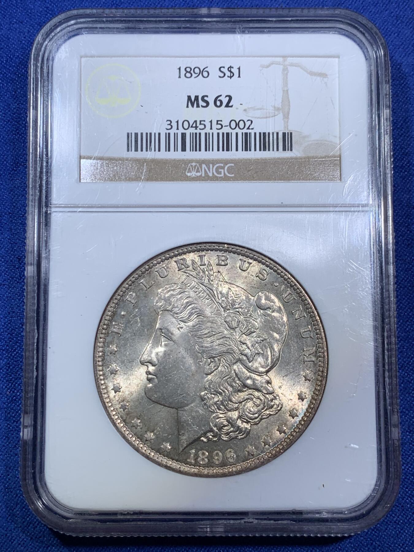 《竞宝斋》第280场- 周日，周一 ，周二3场连拍 （全场包邮） NGC MS62 美国1896年摩根银币P版 原汁原味老包浆，包浆醇厚，打制精美，N盒经典老白盒严评无官网图，状态和品质绝对不输现在的63分。