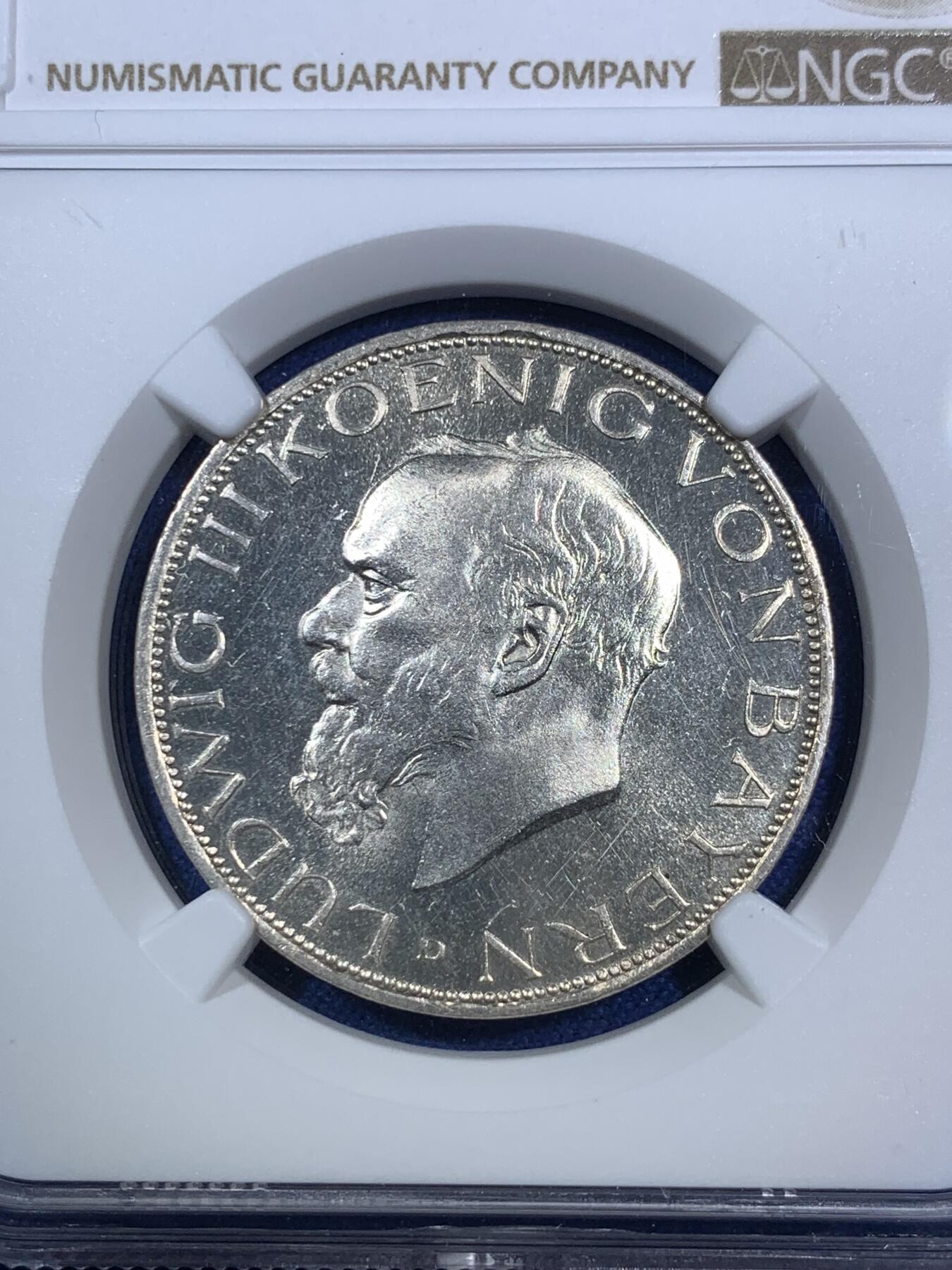 《竞宝斋》第280场- 周日，周一 ，周二3场连拍 （全场包邮） NGC MS64PL 1914年巴伐利亚路德维希国王3马克银币 类精制币，冠军分，无同分，极其少见