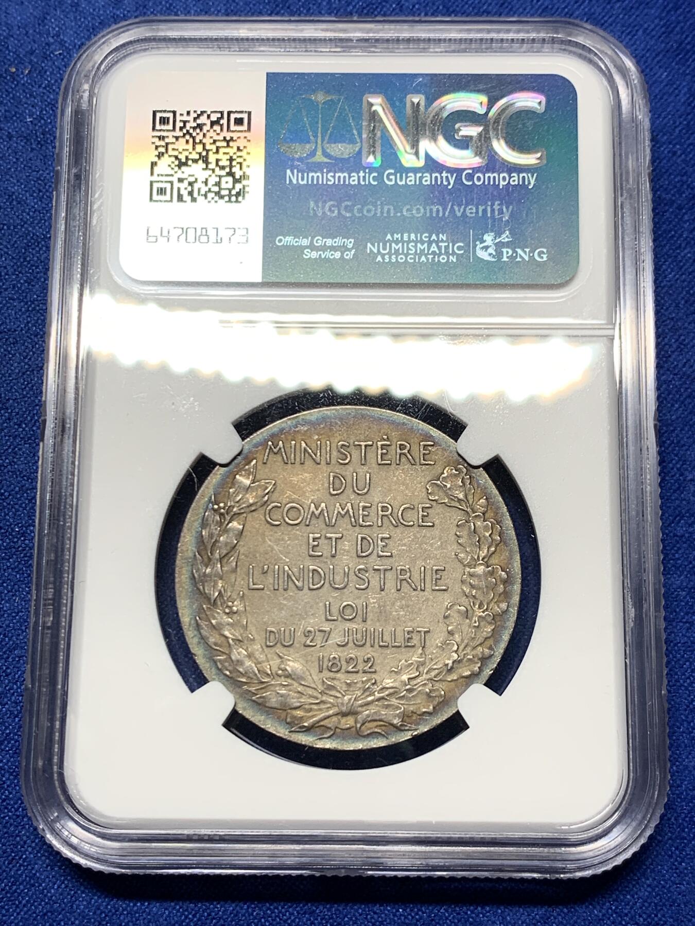 《竞宝斋》第281场- 周日，周一 ，周二3场连拍 （全场包邮） NGC-MS61 法国银代币，专家委员会