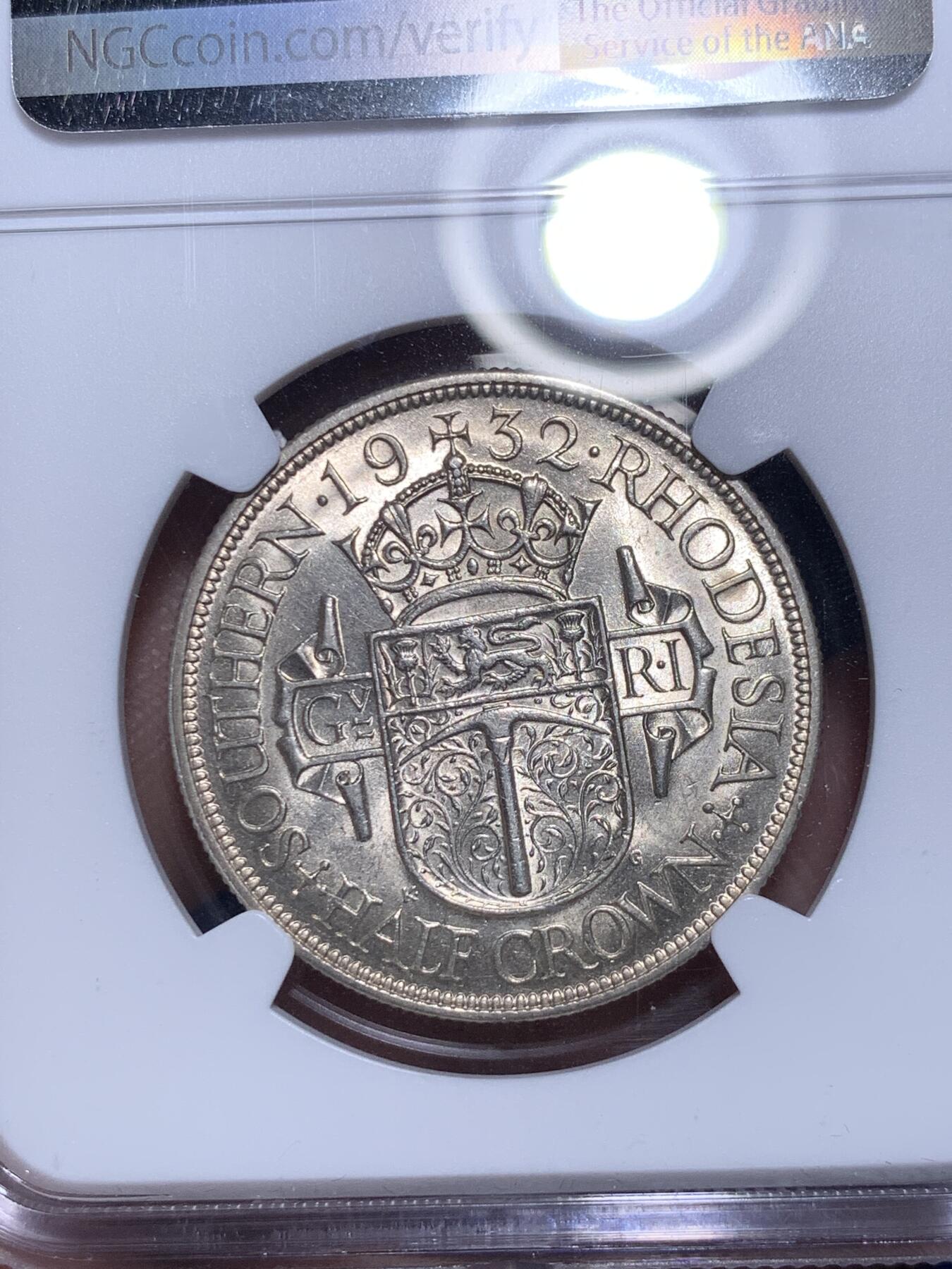 《竞宝斋》第280场- 周日，周一 ，周二3场连拍 （全场包邮） NGC MS62 南罗德西亚 半克朗银币 少见品种