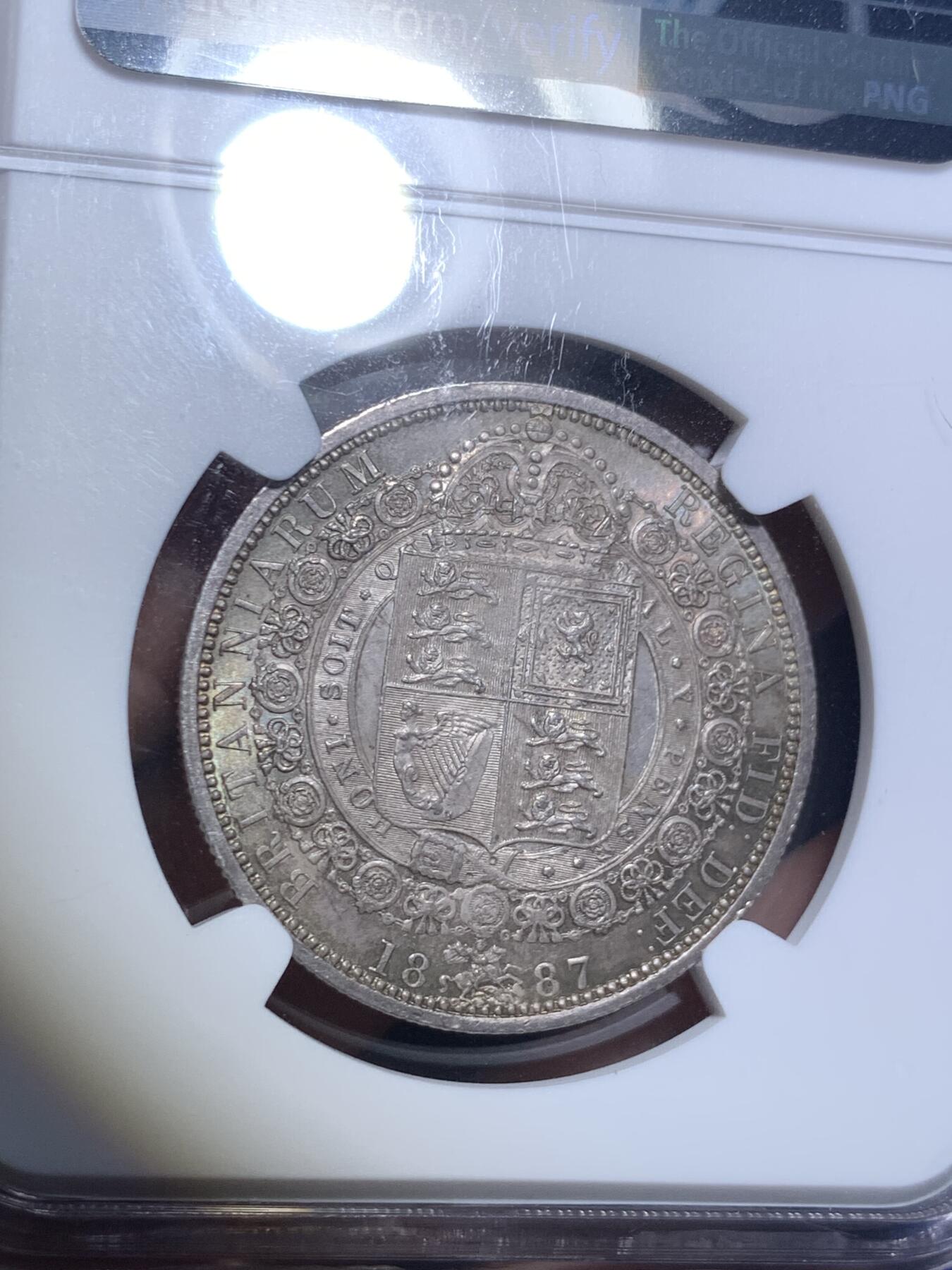 《竞宝斋》第280场- 周日，周一 ，周二3场连拍 （全场包邮） NGC MS62 英国1887年维多利亚半克朗银币 欧洲光十分漂亮