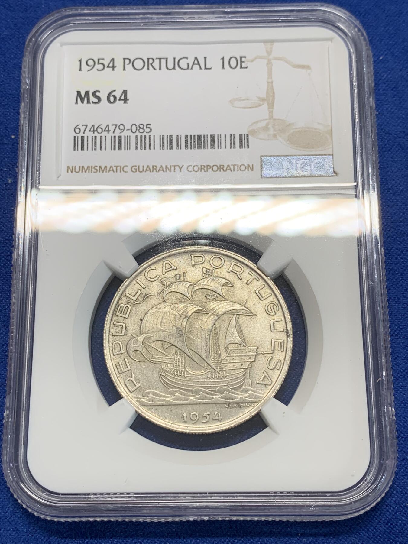 《竞宝斋》第280场- 周日，周一 ，周二3场连拍 （全场包邮） NGC MS64 葡萄牙1954年大帆船10埃斯库多银币