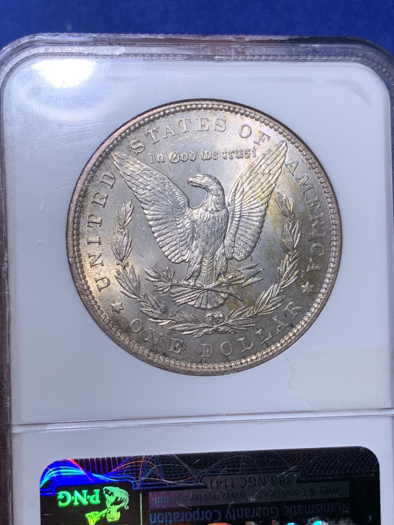 《竞宝斋》第280场- 周日，周一 ，周二3场连拍 （全场包邮） NGC MS62 美国1896年摩根银币P版 原汁原味老包浆，包浆醇厚，打制精美，N盒经典老白盒严评无官网图，状态和品质绝对不输现在的63分。