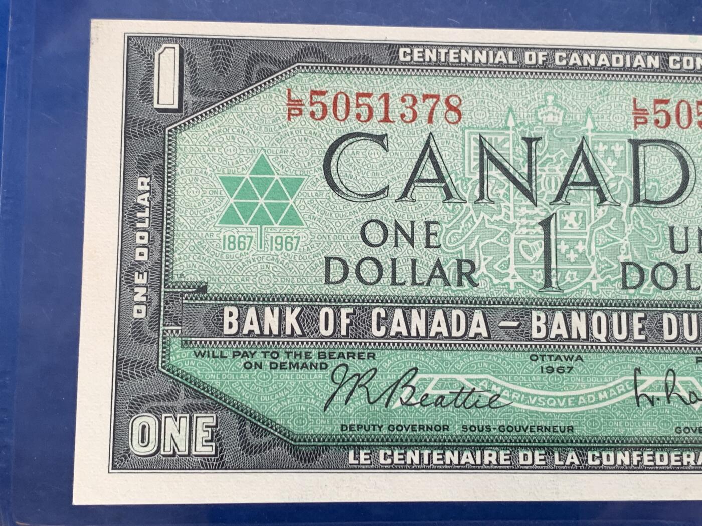 《竞宝斋》第280场- 周日，周一 ，周二3场连拍 （全场包邮） PMG 64EPQ 加拿大1967年议会百年1元纪念钞 少见带号码版本 女王头像栩栩如生