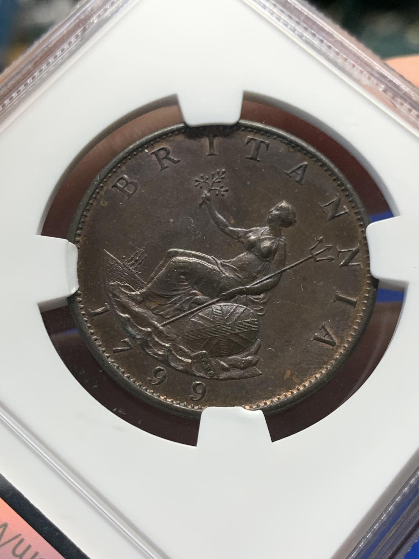 《竞宝斋》第280场- 周日，周一 ，周二3场连拍 （全场包邮） NGC MS63BN 英国1799乔治三世半便士铜币 丝滑黑巧克力，包浆均匀，高点优秀，同分中的好状态。年初SBP拍卖64分含佣合人民币1738元成交