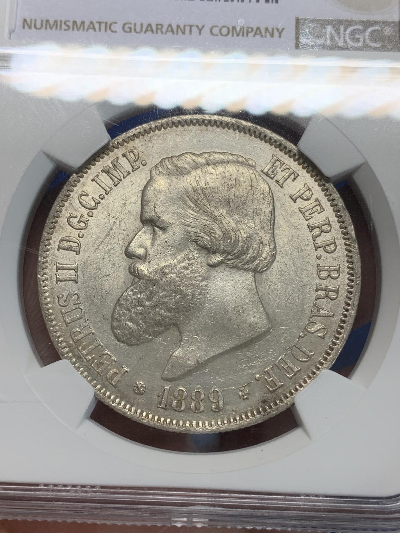 《竞宝斋》第280场- 周日，周一 ，周二3场连拍 （全场包邮） NGC MS63 巴西帝国 1889年 2000R 银币