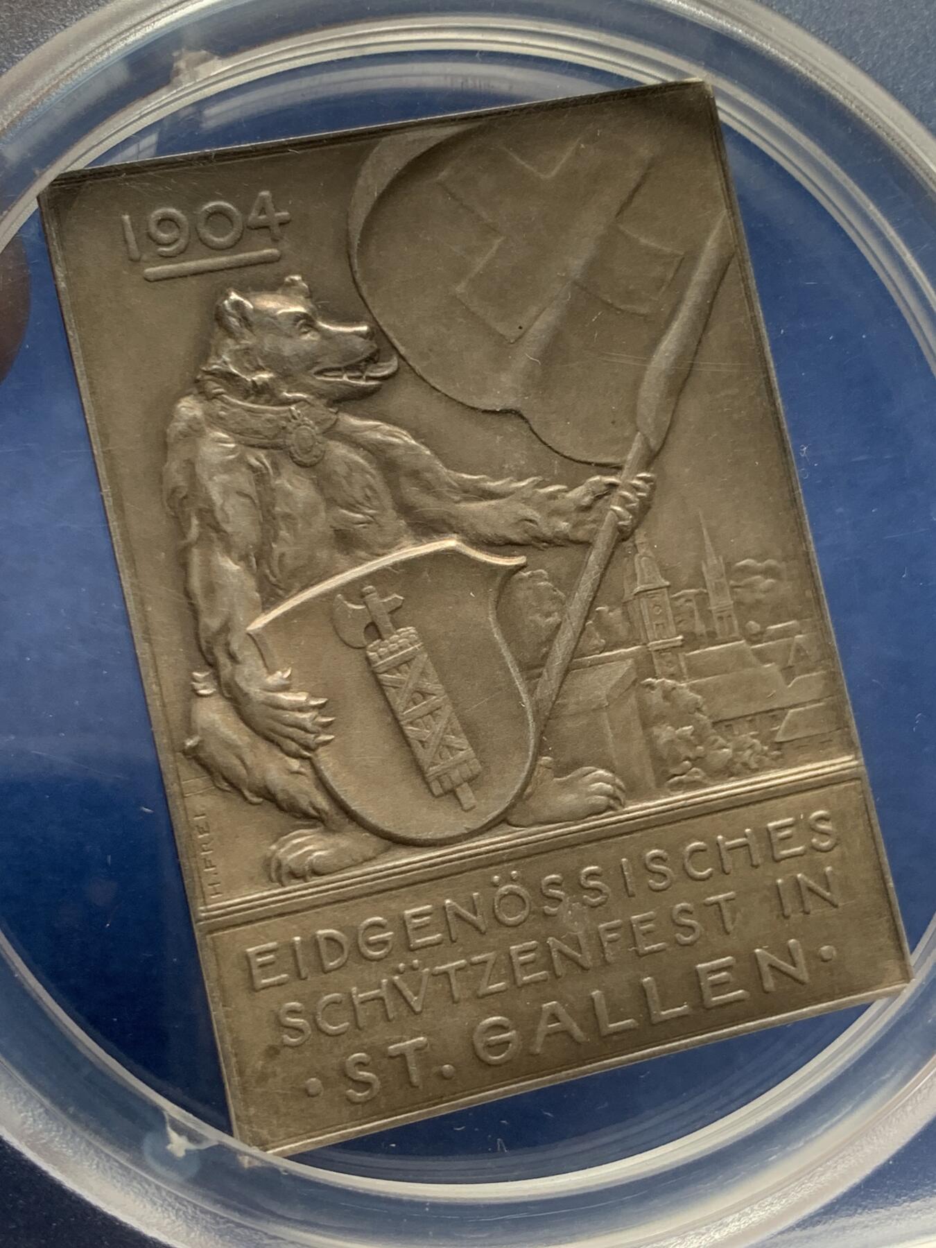 《竞宝斋》第280场- 周日，周一 ，周二3场连拍 （全场包邮） PCGS SP63 1904年瑞士圣加仑射击节 少见方形大银章 原味包浆