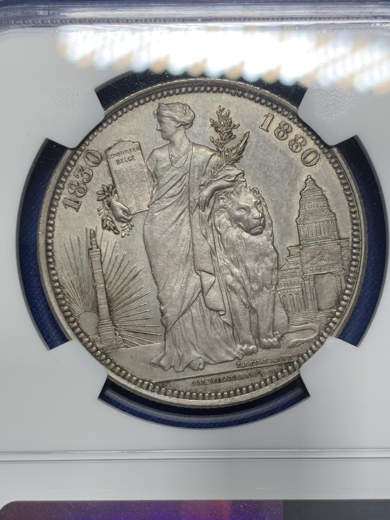 《竞宝斋》第280场- 周日，周一 ，周二3场连拍 （全场包邮） NGC UNC 1880 比利时 独立纪念5法郎大银 PL底板 细节非常好