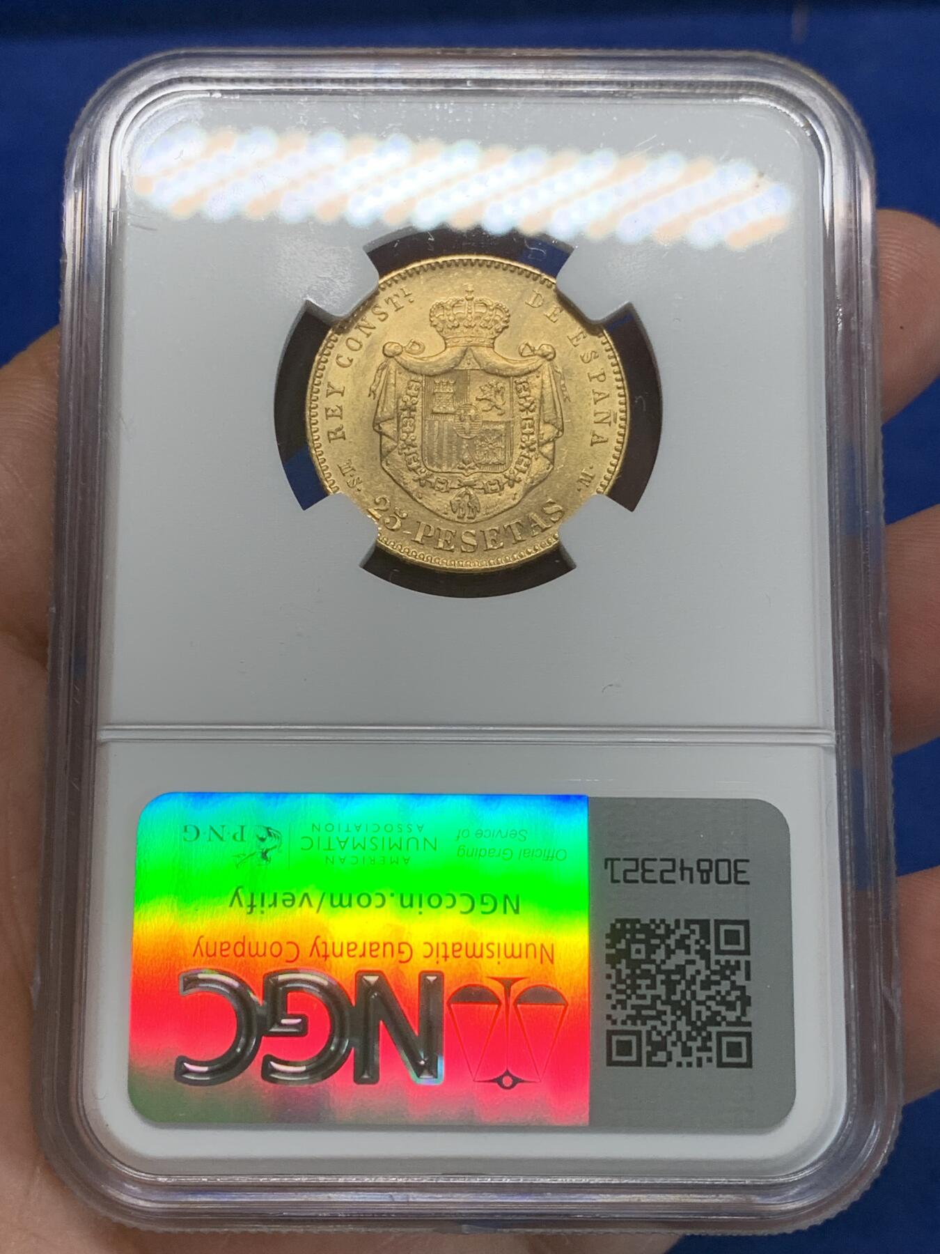 《竞宝斋》第280场- 周日，周一 ，周二3场连拍 （全场包邮） NGC UNC 西班牙 1880年 阿方索十二世 25比塞塔 金币 状态不错 细节见图