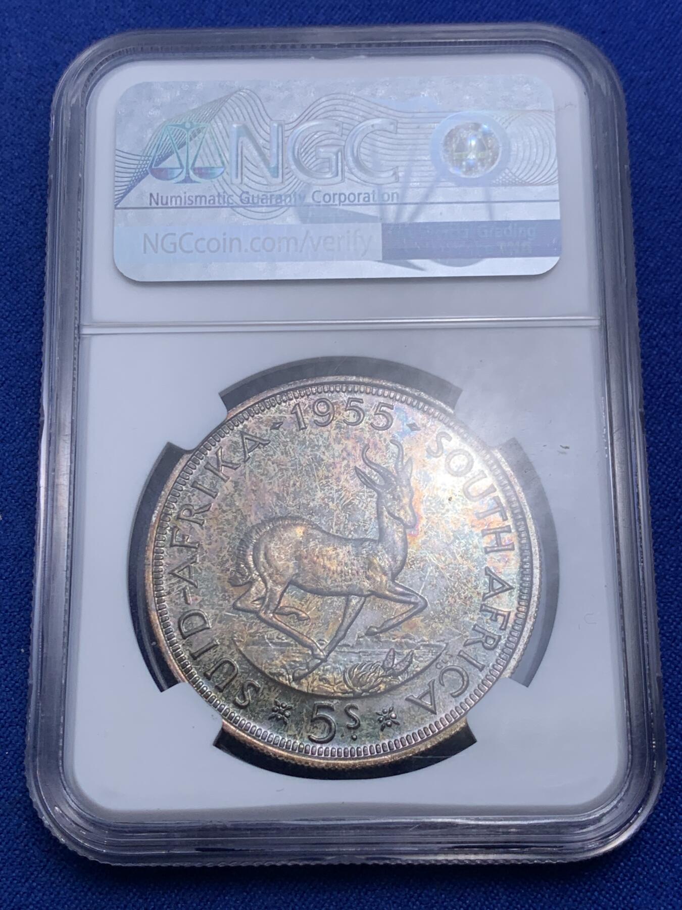 《竞宝斋》第280场- 周日，周一 ，周二3场连拍 （全场包邮） NGC PF63 英属南非1955年伊丽莎白二世跳羚羊版5先令精制银币 铸造数量2850枚 原汁原味五彩老包浆，包浆醇厚润泽又犀利，打制精美，PROOF精制币，极美爆彩。