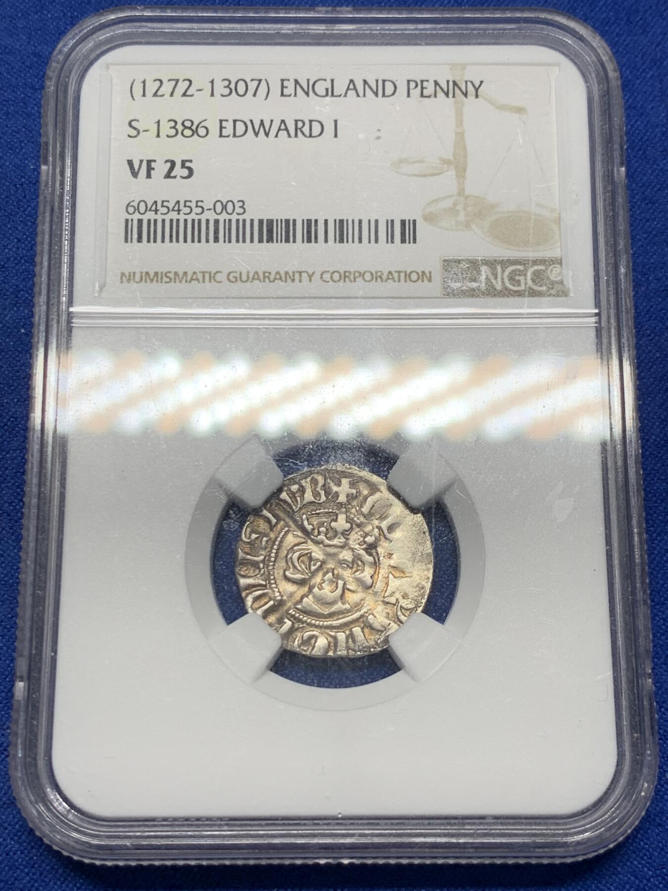 《竞宝斋》第280场- 周日，周一 ，周二3场连拍 （全场包邮） NGC VF25 英国 1272-1307  爱德华一世 1便士银币 整体透打 少见品种