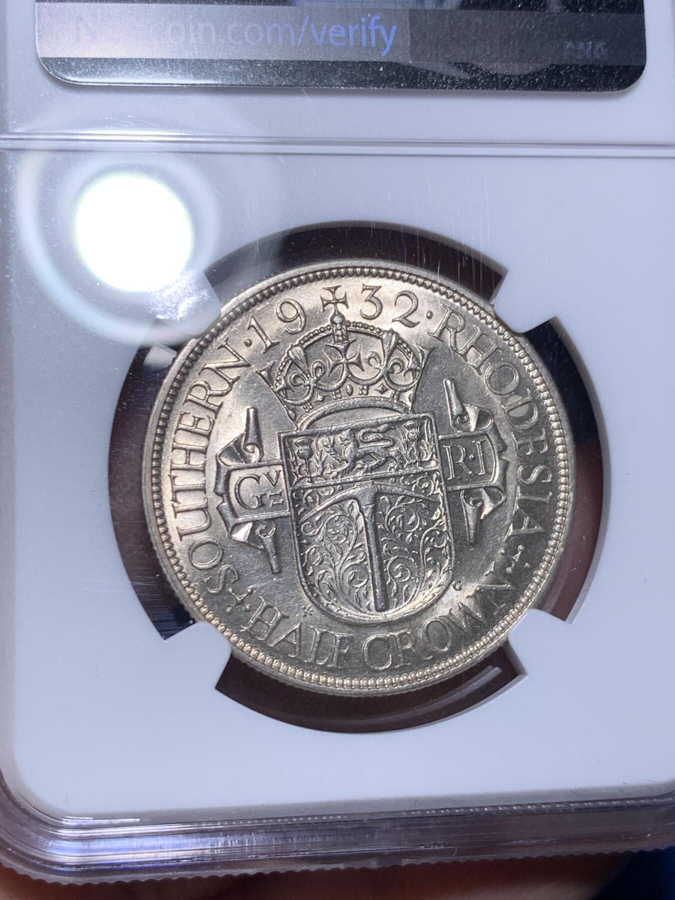 《竞宝斋》第280场- 周日，周一 ，周二3场连拍 （全场包邮） NGC MS62 南罗德西亚 半克朗银币 少见品种